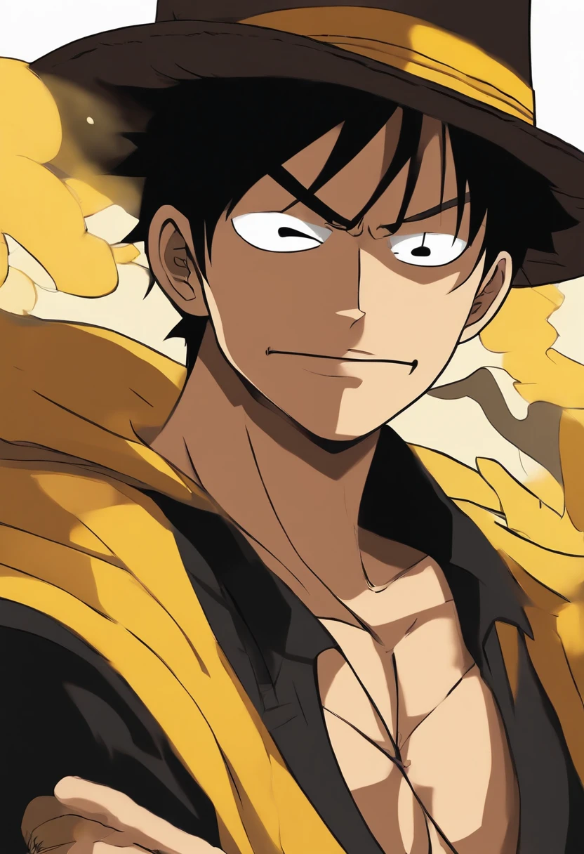 Monkey D. Luffy, close up shot, an illustration of one piece one piece character, straw hat, handsome, in the style of minimalist avatar, black and yellow, tondo, brooding mood --ar 16:9