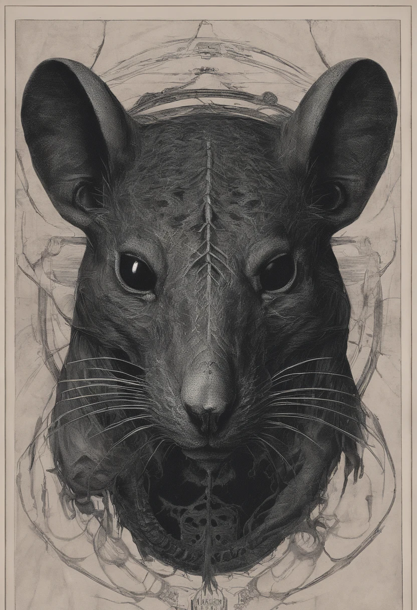 ah high, gaunt, broad-shouldered anthropomorphic rat. Black muzzle. Human eyes shine ominously. Black, hairlong, slicked back and braided into a pigtail. Wears dark, long coat.