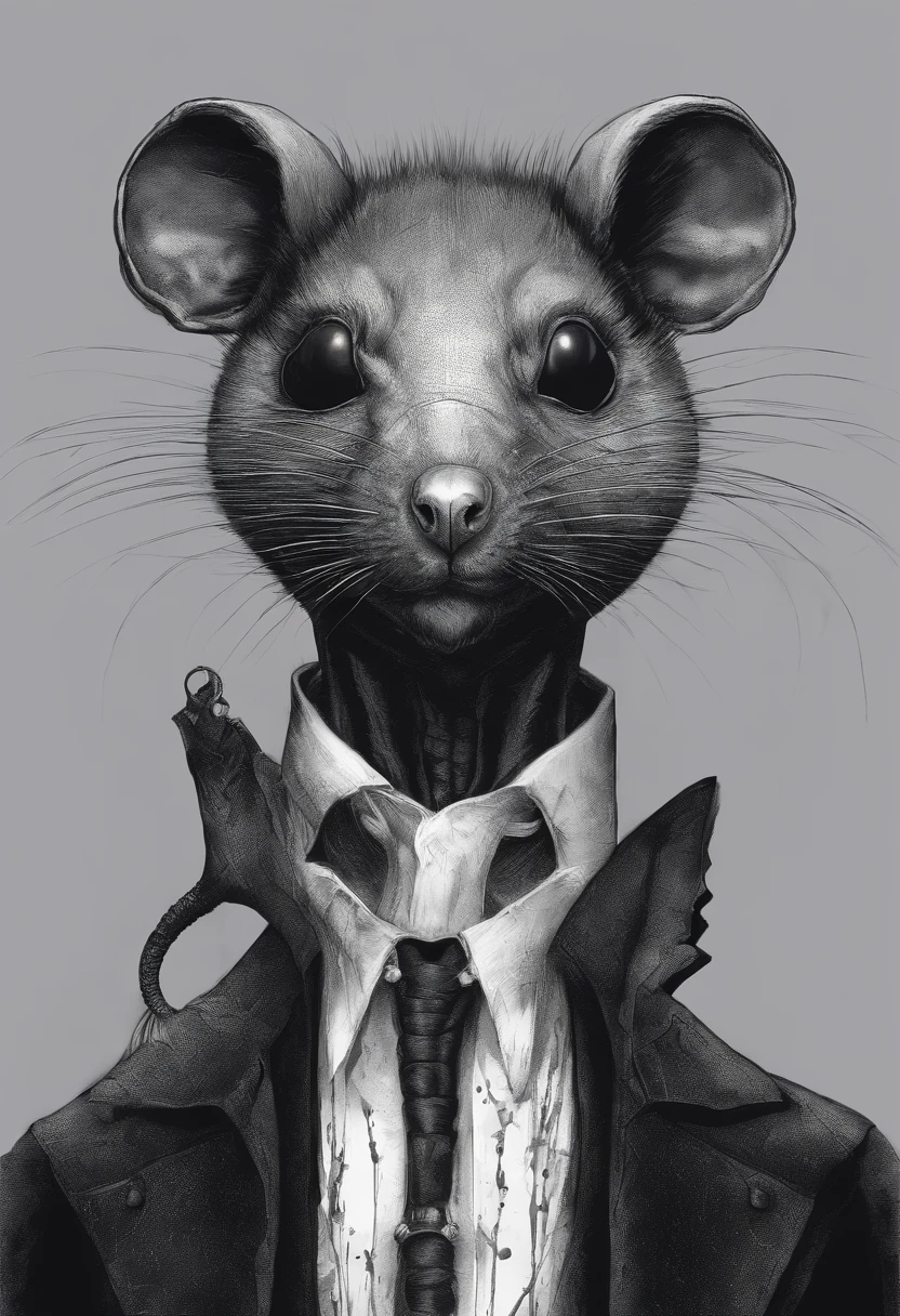ah high, gaunt, broad-shouldered anthropomorphic rat. Black muzzle. Human eyes shine ominously. Black, hairlong, slicked back and braided into a pigtail. Wears dark, long coat.