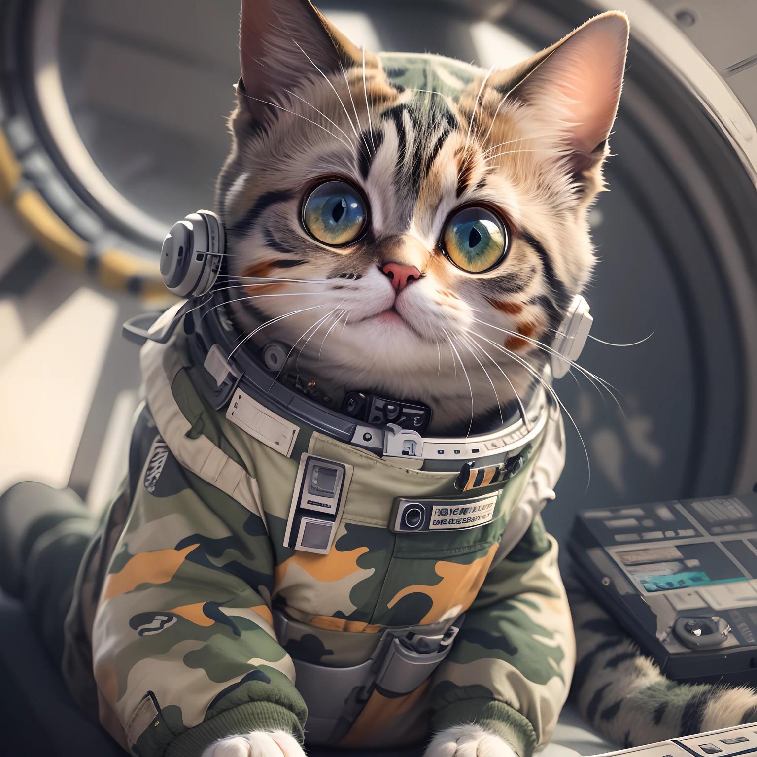 A cute round-eyed cat, Wear camouflage clothing, On a spaceship, sunraise.