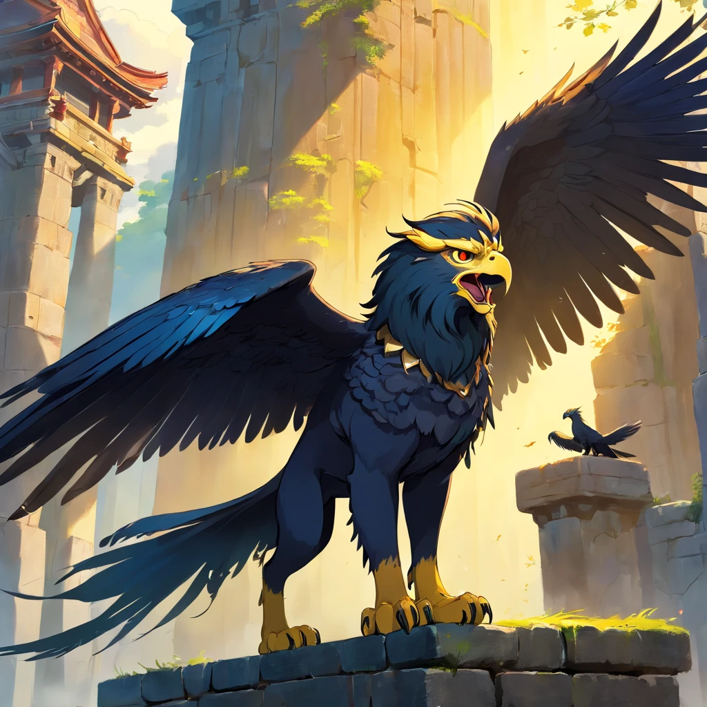 Gryphon, mythological creatures, Majestic, Powerful black wings, black Lion body, Eagle head, Fierce yellow gaze, Sharp claws, black feater, Golden beak, Ancient ruins, Epic, magical, mythological creatures, mythological beasts, Fierce, Mythical monsters