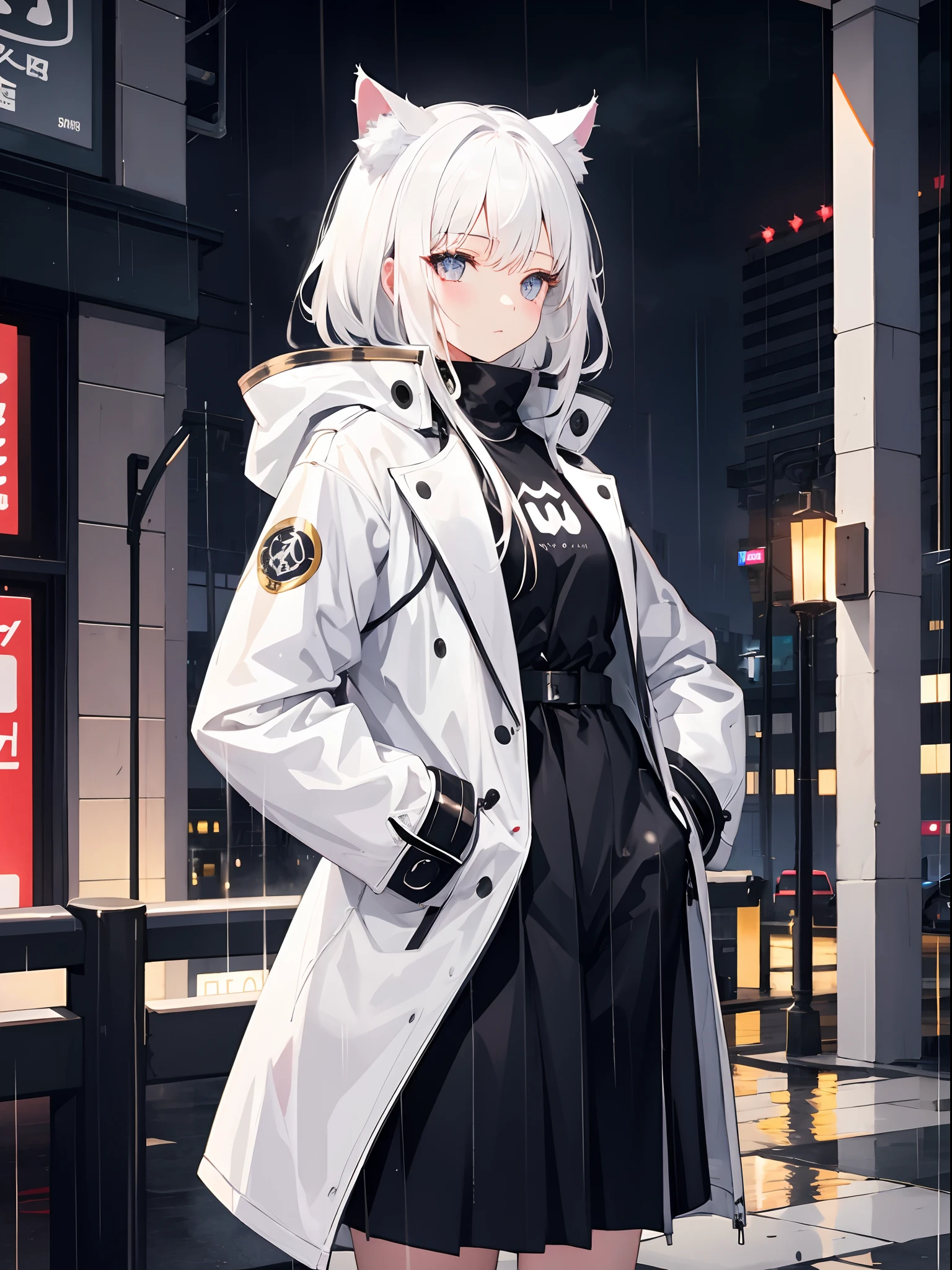 1 girl, White hair, cat ears, coat, rain, night city, hands in pocket,