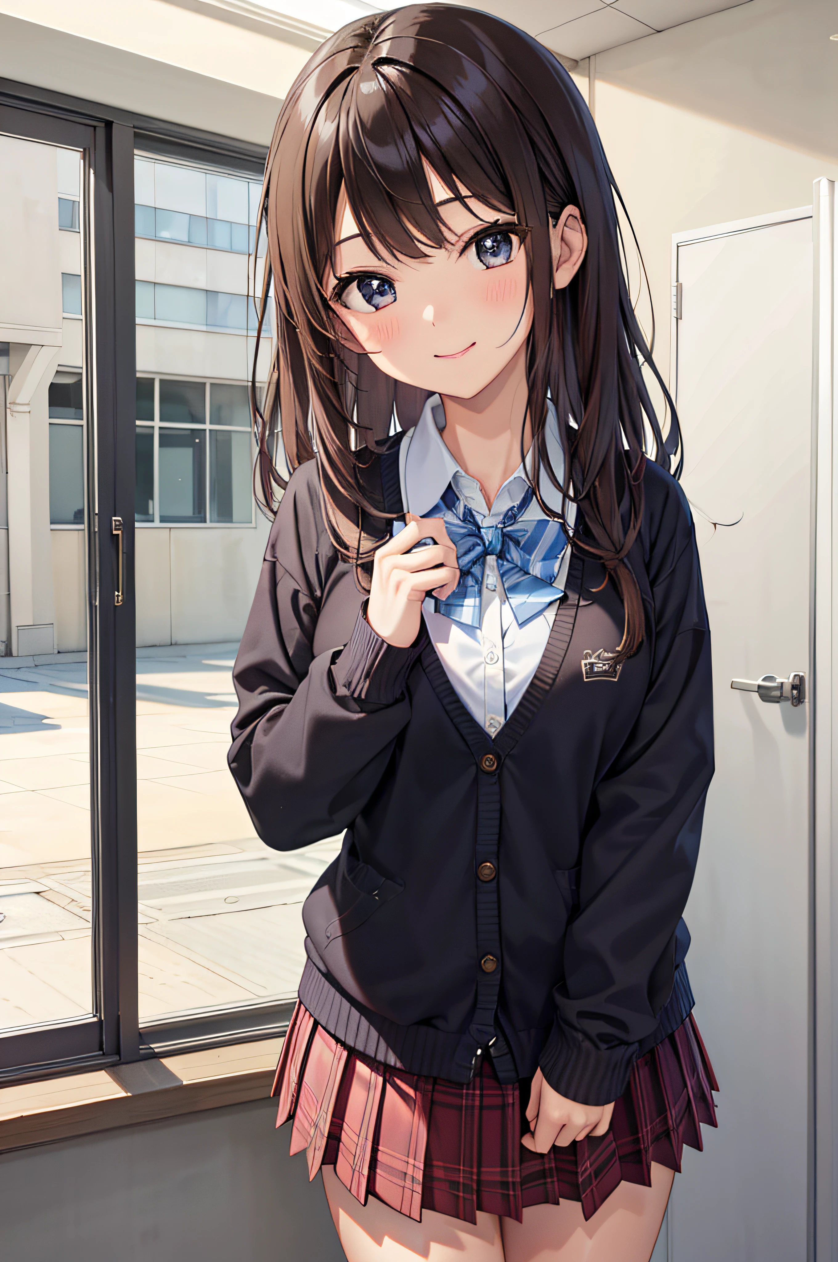 -yeld wo、soio、brown haired、beautidful eyes、real looking skin、A detailed eye、hi-school girl、(8K、masterpiece)、(reallistic、Photorealsitic)、top-quality、ighly detailed、The ultra-detailliert、Beautie、cute little、Korea person、a smile、Close-up portrait、Healthy face、schools、School uniform、Cardigan、plaid skirts