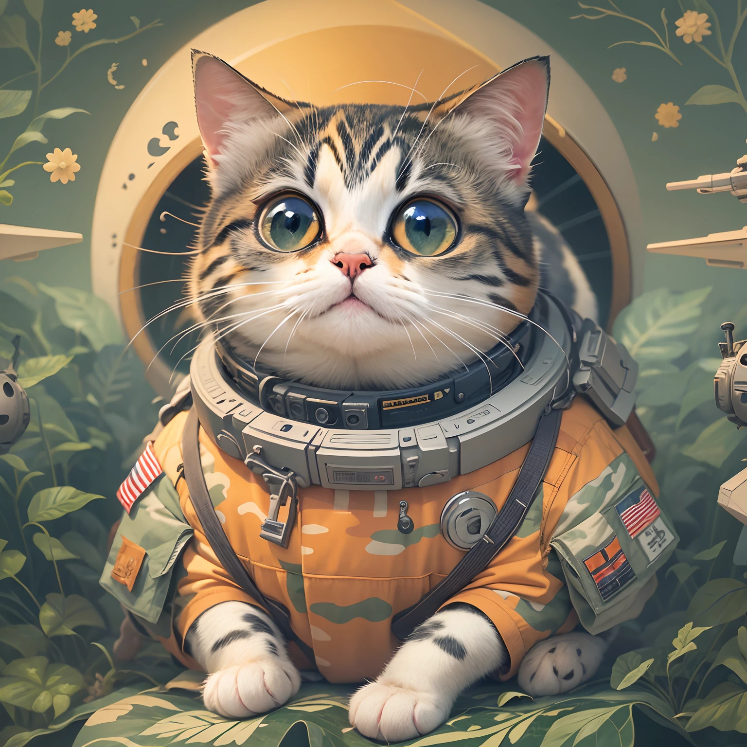 A cute round-eyed cat, Wear camouflage clothing, On a spaceship,  sunraise.