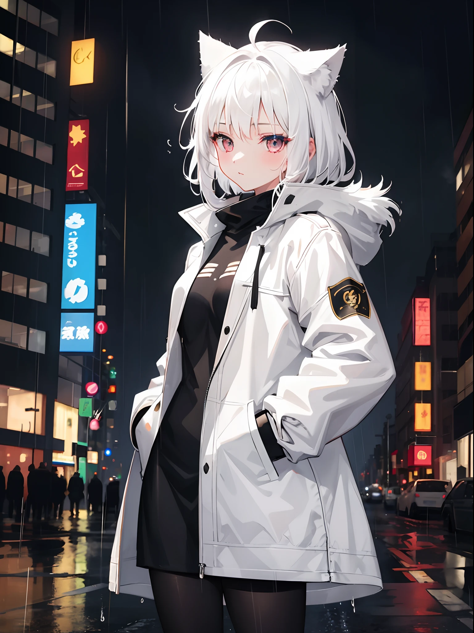 1 girl, White hair, cat ears, coat, rain, night city, hands in pocket,