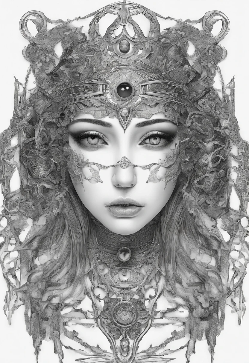 （best qualtiy，ultra - detailed，Most Best Illustration，Best shadow，tmasterpiece，A high resolution，professionalartwork，famousartwork），Detailed eyes，beautidful eyes，closeup cleavage，sci-fy，colored sclera，Robot eyes，face markings，Tattooed with，（fractalized，Fractal eyes），largeeyes，Wide eyes，（Eye focus），sface focus，Cosmic eyes，Space eyes，Close-up of metal sculpture of a woman with a moon in her hair，goddes。extremly high detail，3 d goddess portrait，Extremely detailed footage of the goddess，a stunning portrait of a goddess，Side image of the goddess，portrait of a beautiful goddess，Full body close-up portrait of the goddess，hecate goddess，portrait of a norse moon goddess，goddess of space and time