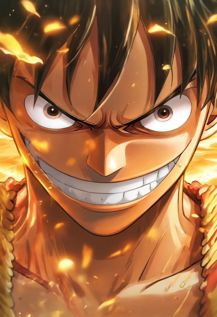 monkey d. Luffy, Close-up Shot Shot, Illustration of One Piece character, Straw hat, Handsome, In the style of a minimalist avatar, Black and yellow, runde, Contemplative mood --AR 16:9