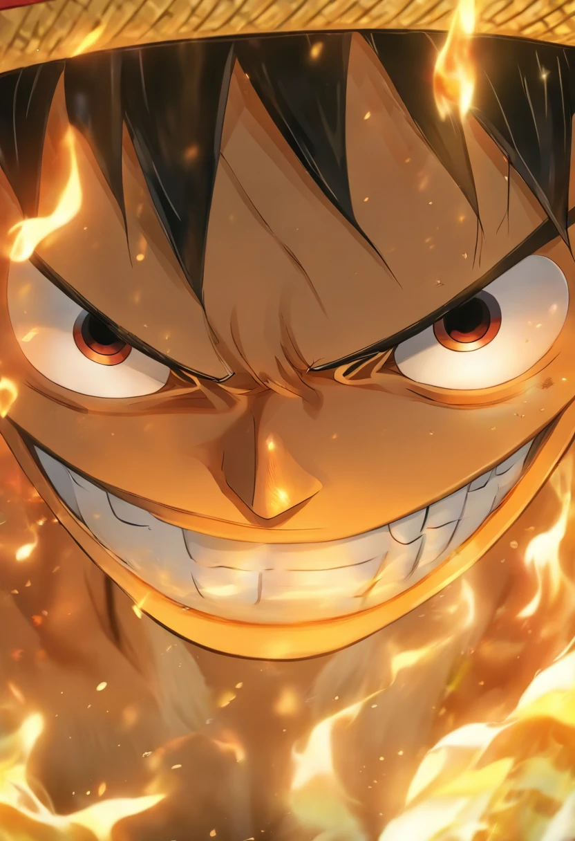 monkey d. Luffy, Close-up Shot Shot, Illustration of One Piece character, Straw hat, Handsome, In the style of a minimalist avatar, Black and yellow, runde, Contemplative mood --AR 16:9