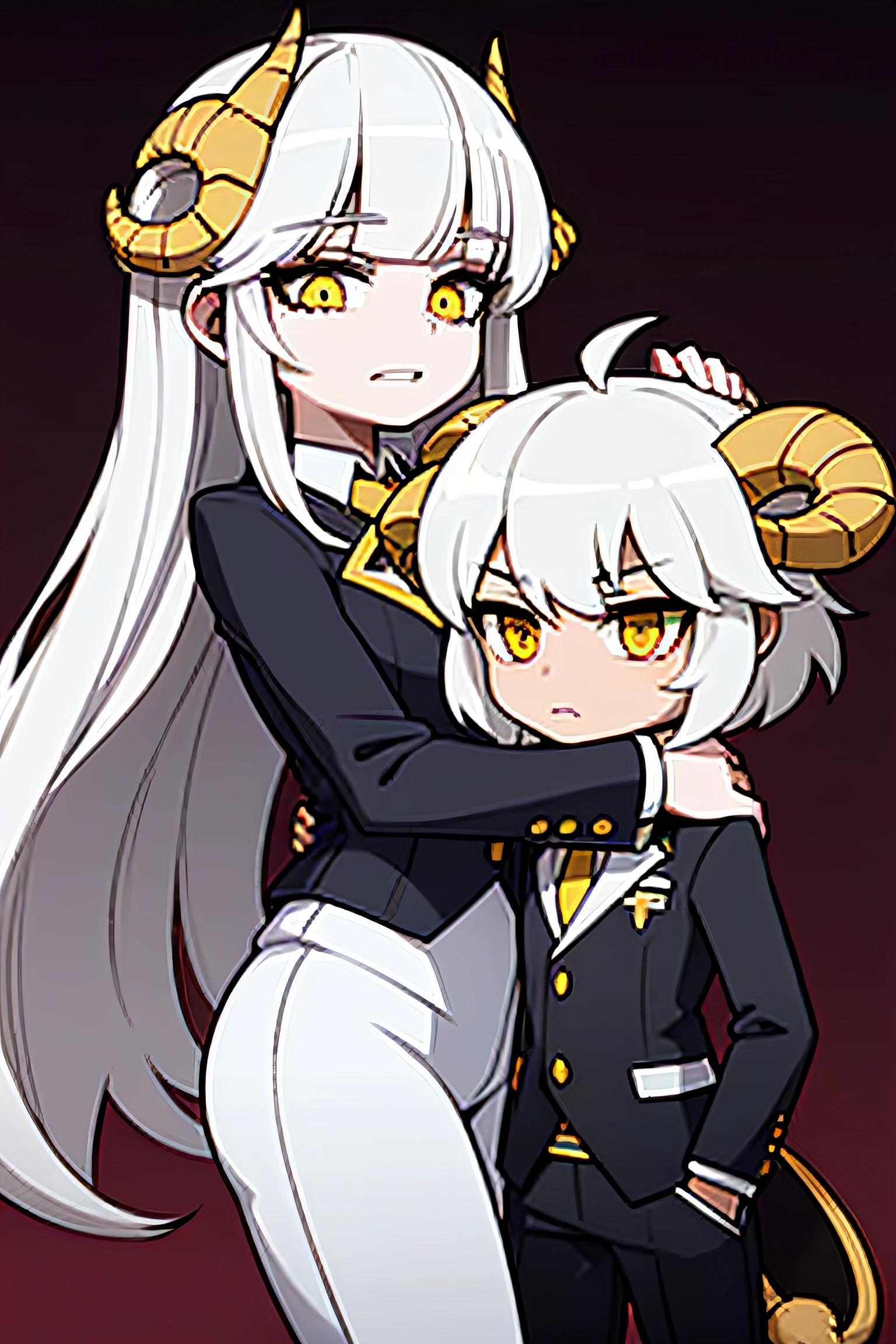 1girl, 1girl, ram horns, white fluffy hair, hair covering eyes, yellow eyes, white suit, sharp teeth, short fluffy tail, tight black pants