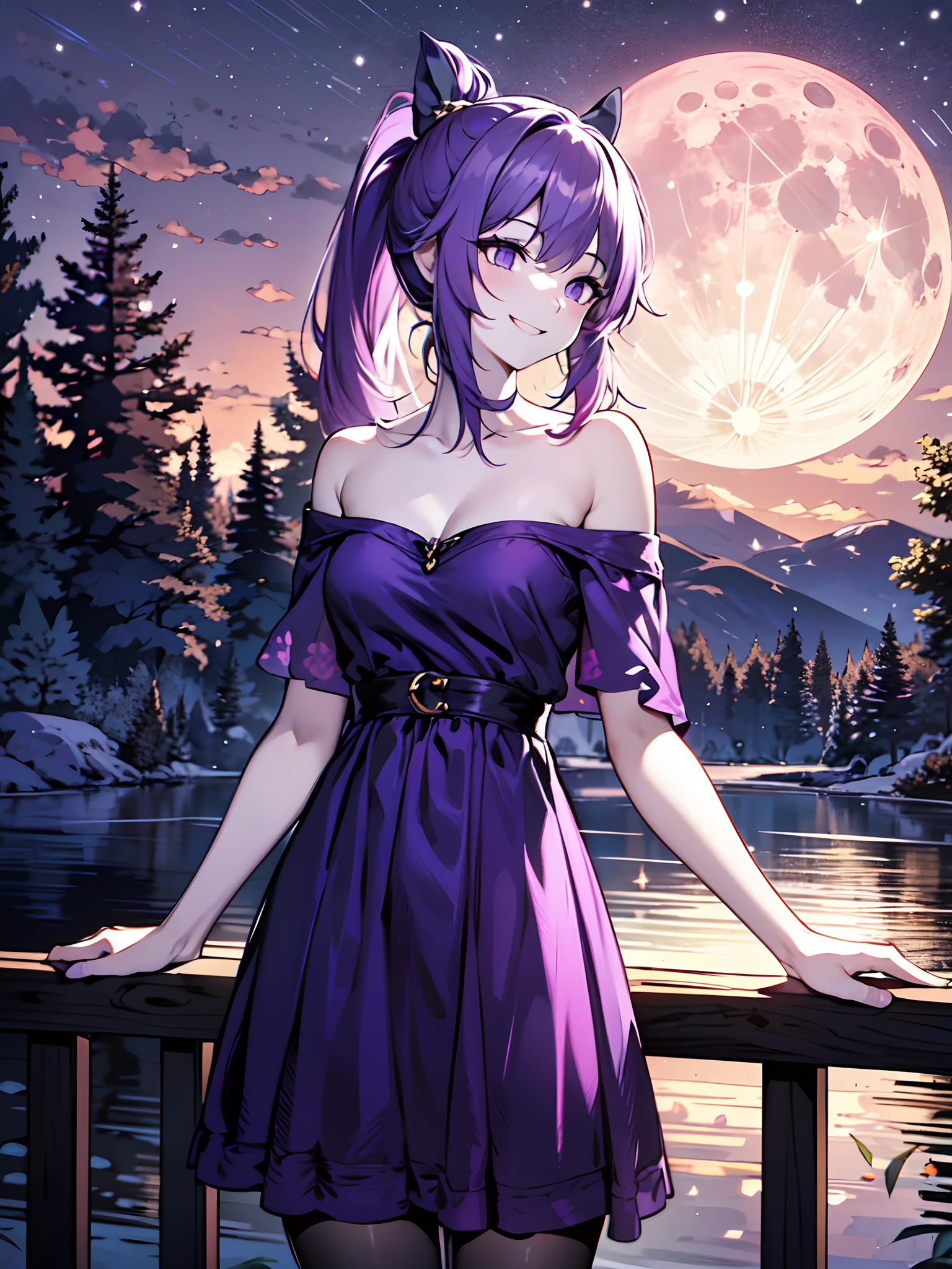 (masterpiece:1.2),  (pale skin:1.1),  (solo:1.2),  (female:1.1),  (emphasis lines:1.3), purple hair, purple dress, purple eyes, (moon:1.1), trees, smile, outdoors, (sky:1.1), (night:1.2), dark, bare shoulders, collarbone, (casual:1.1), off shoulder, (ponytail:1.1)