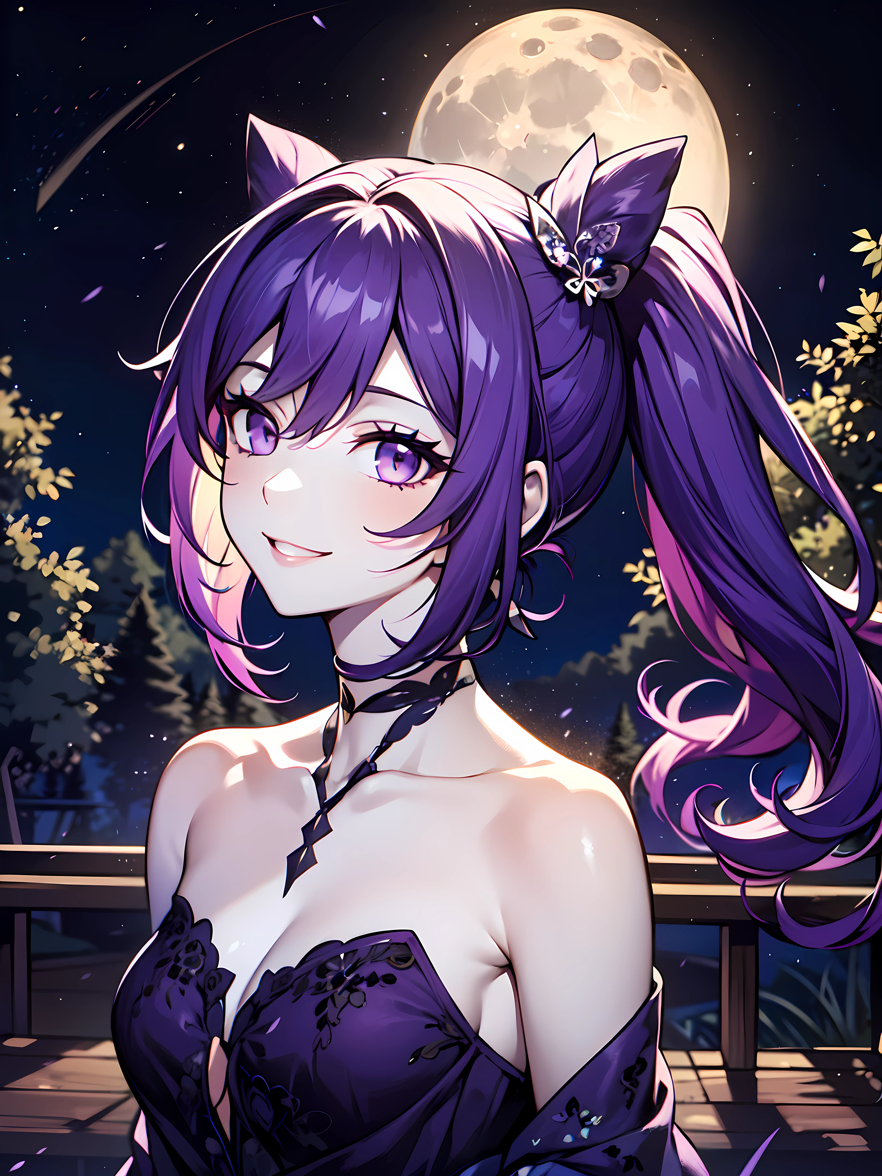 (masterpiece:1.2),  (pale skin:1.1),  (solo:1.2),  (female:1.1),  (emphasis lines:1.3), purple hair, purple dress, purple eyes, (moon:1.1), trees, smile, outdoors, (sky:1.1), (night:1.2), dark, bare shoulders, collarbone, (casual:1.1), off shoulder, (ponytail:1.1)