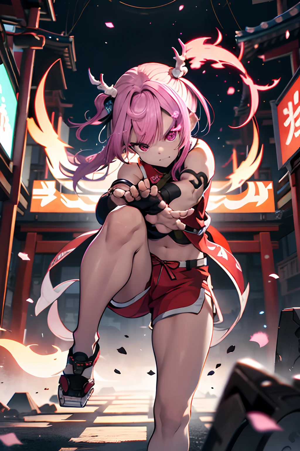 Kungfu、A pink-haired、side poneyTail、chinese clothes、Sleeveless、shortpants、Blunt bangs、Short ponytail、Side Up、Photorealsitic, hight resolution, 1 rapariga, Korea person, Eye of Fire