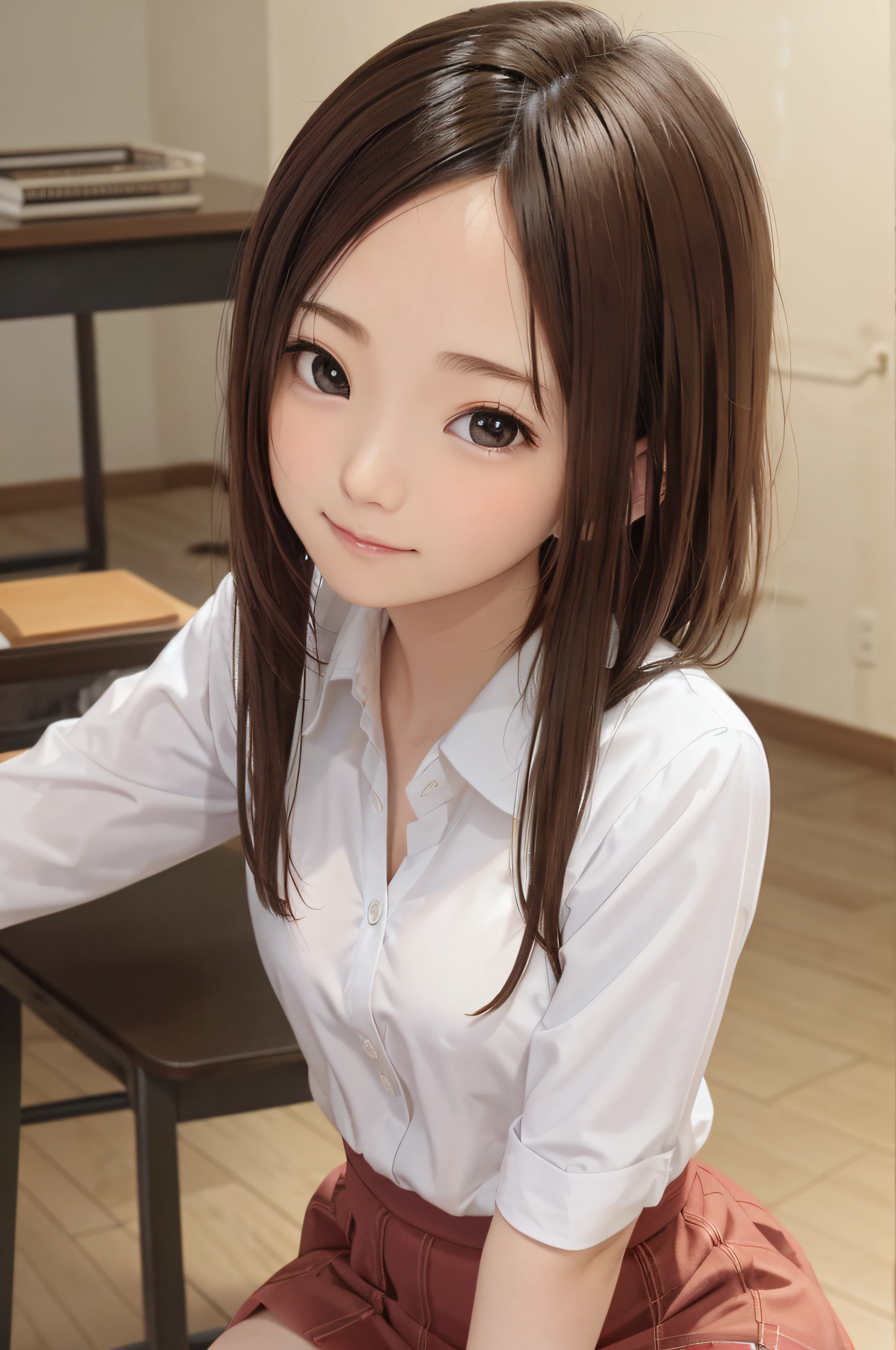-yeld wo、soio、brown haired、beautidful eyes、real looking skin、A detailed eye、hi-school girl、(8K、masterpiece)、(reallistic、Photorealsitic)、top-quality、ighly detailed、The ultra-detailliert、Beautie、cute little、Korea person、a smile、Close-up portrait、Healthy face、schools、School uniform、Cardigan、plaid skirts