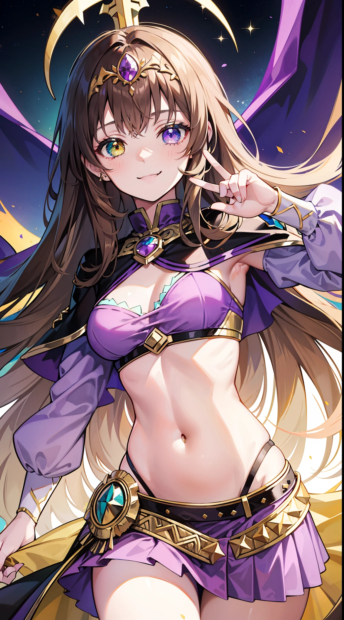 young girl, Long brown hair, Heterochromia, purple and yellow eyes, Smile, purple tight top, Turquoise skirt, open belly, Cape King, diadem, Gold Elements, She-ra, Masterpiece, hiquality, 4k, HD, Good detail
