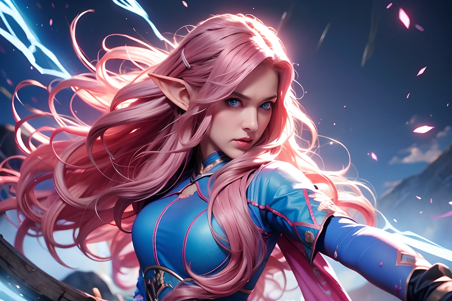 a woman, long curly hair, pink hair, blue eyes, elf, combat stance, fight, magic, Combat, light blue eyes