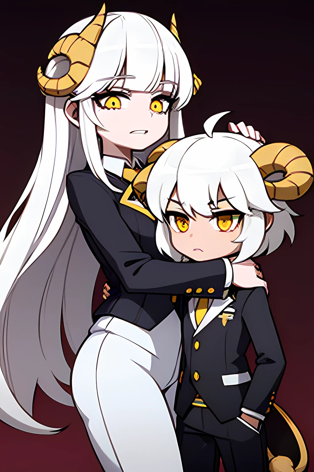 1girl, 1girl, ram horns, white fluffy hair, hair covering eyes, yellow eyes, white suit, sharp teeth, short fluffy tail, tight black pants