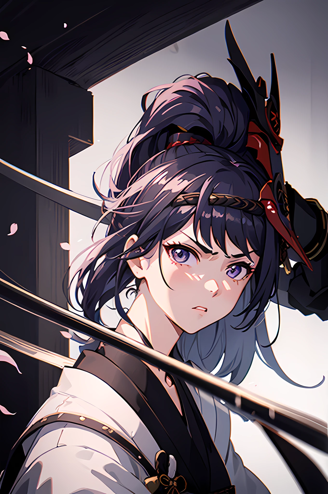 1 girl, ponytail, samurai mask, samurai, holding katana (amenoma kageuchi) , angry, furious eyes, perfect eyes, cherry blossom, celestial lighting, japanese background, better quality, highres, 8k, masterpiece, shogun, simple background, perfect face, katana in hand