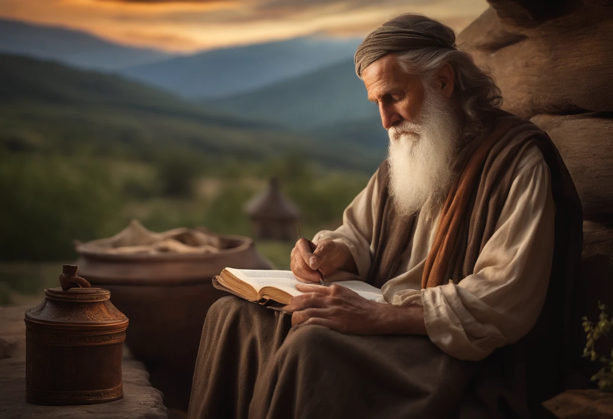 Develop an ultra-realistic image of an Old Testament prophet in a moment of reflection, Imagine him writing a scroll in a rustic and clear setting.