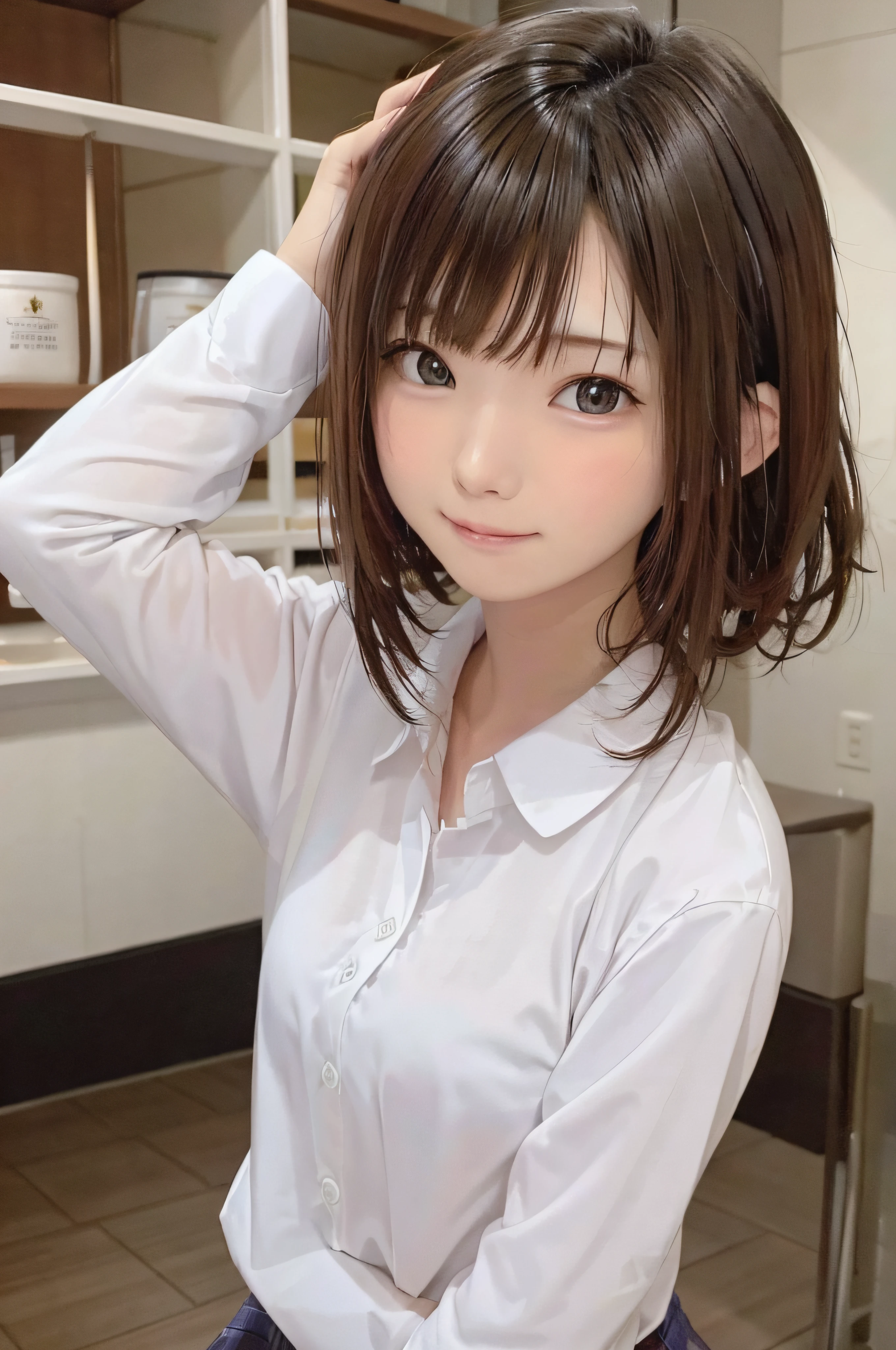 -yeld wo、soio、brown haired、beautidful eyes、real looking skin、A detailed eye、hi-school girl、(8K、masterpiece)、(reallistic、Photorealsitic)、top-quality、ighly detailed、The ultra-detailliert、Beautie、cute little、Korea person、a smile、Close-up portrait、Healthy face、schools、School uniform、Cardigan、plaid skirts
