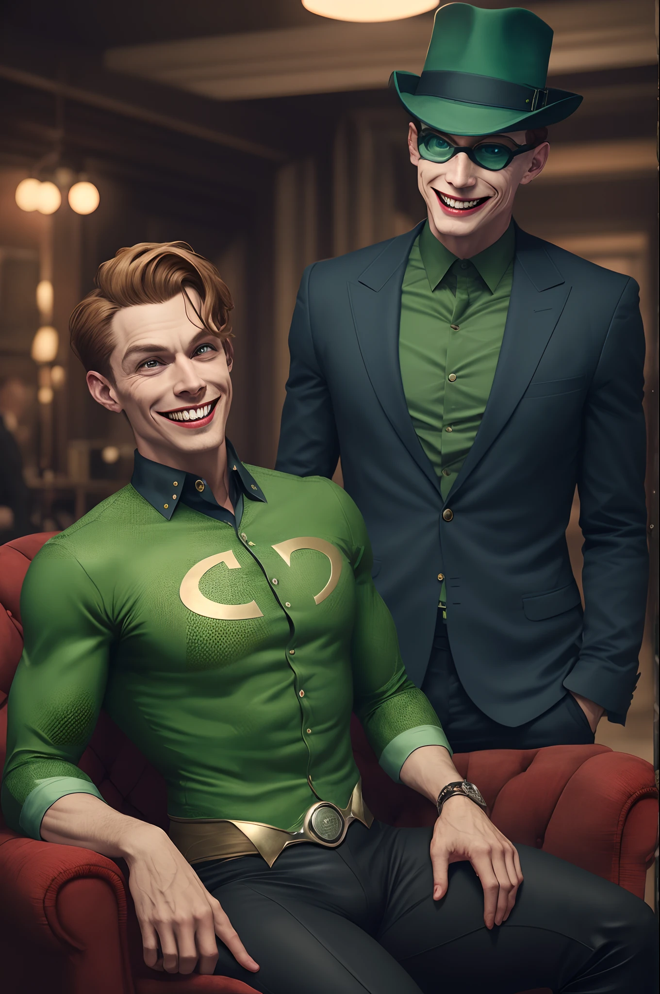Riddler, sitting on a chair, 8k cinematic, with an evil smile