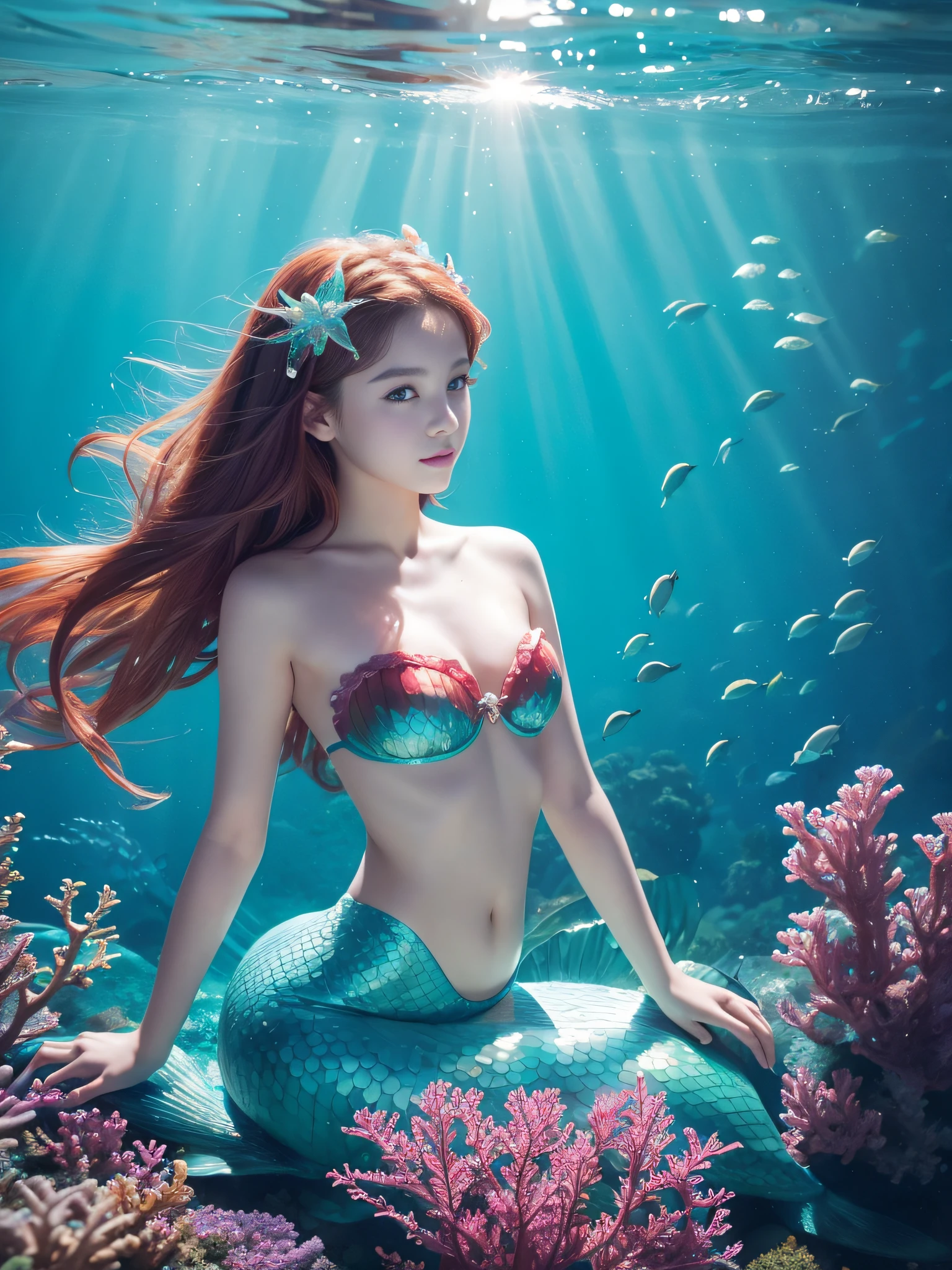 8K、Girl dressed as a mermaid Underwater - Sea、Little mermaid、-yeld beiful girl、Slightly baby-face