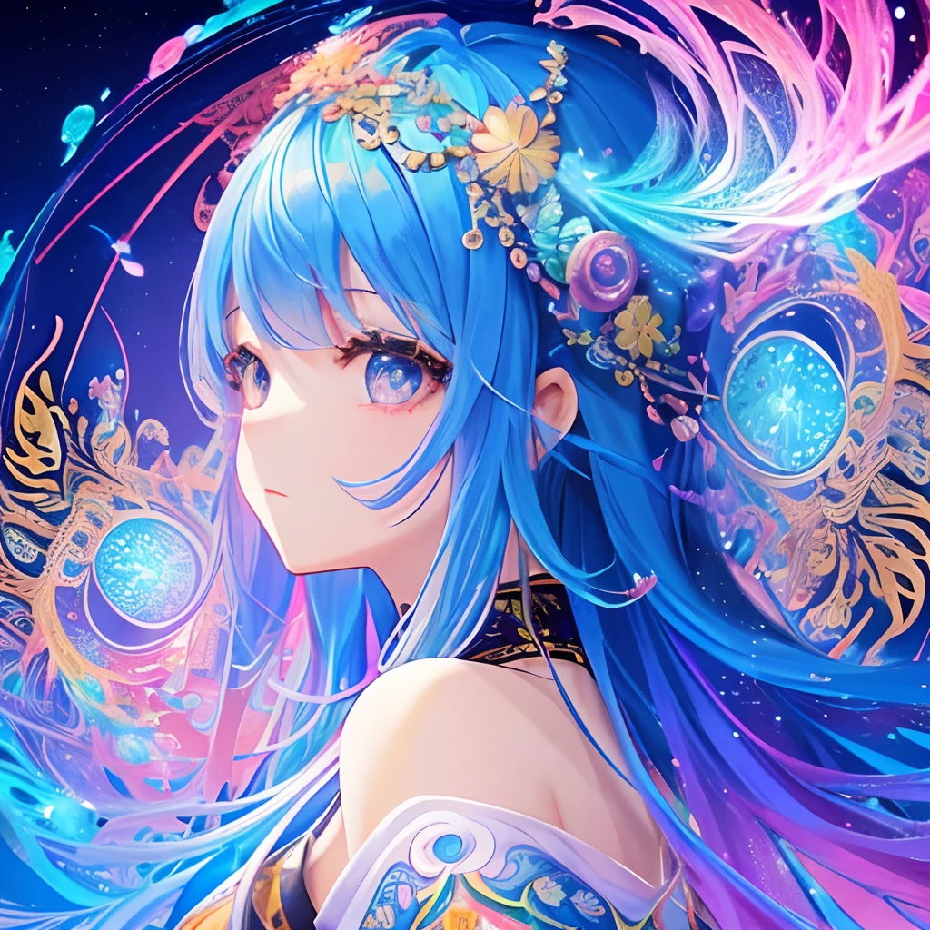 1 beautiful girl、(​masterpiece、top-quality、top-quality、Beautifully Aesthetic:1.2)、(1girl in:1.3)、(Fractal Art:1.3)、colourfull、rainbow-colored hair、Clothing of the near future、Round Detail Frame、Fluttering hair、Background of the near future、Sparkling eyes