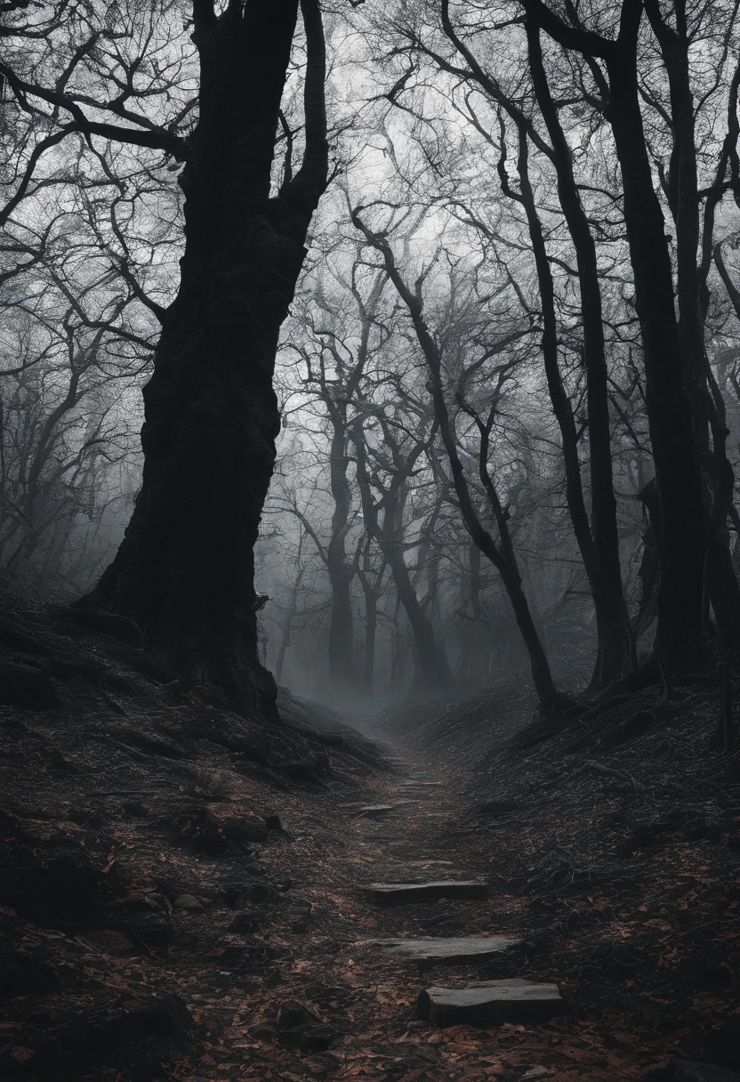 Boundless black land,Dotted white stones,Withered trees,A world without life,