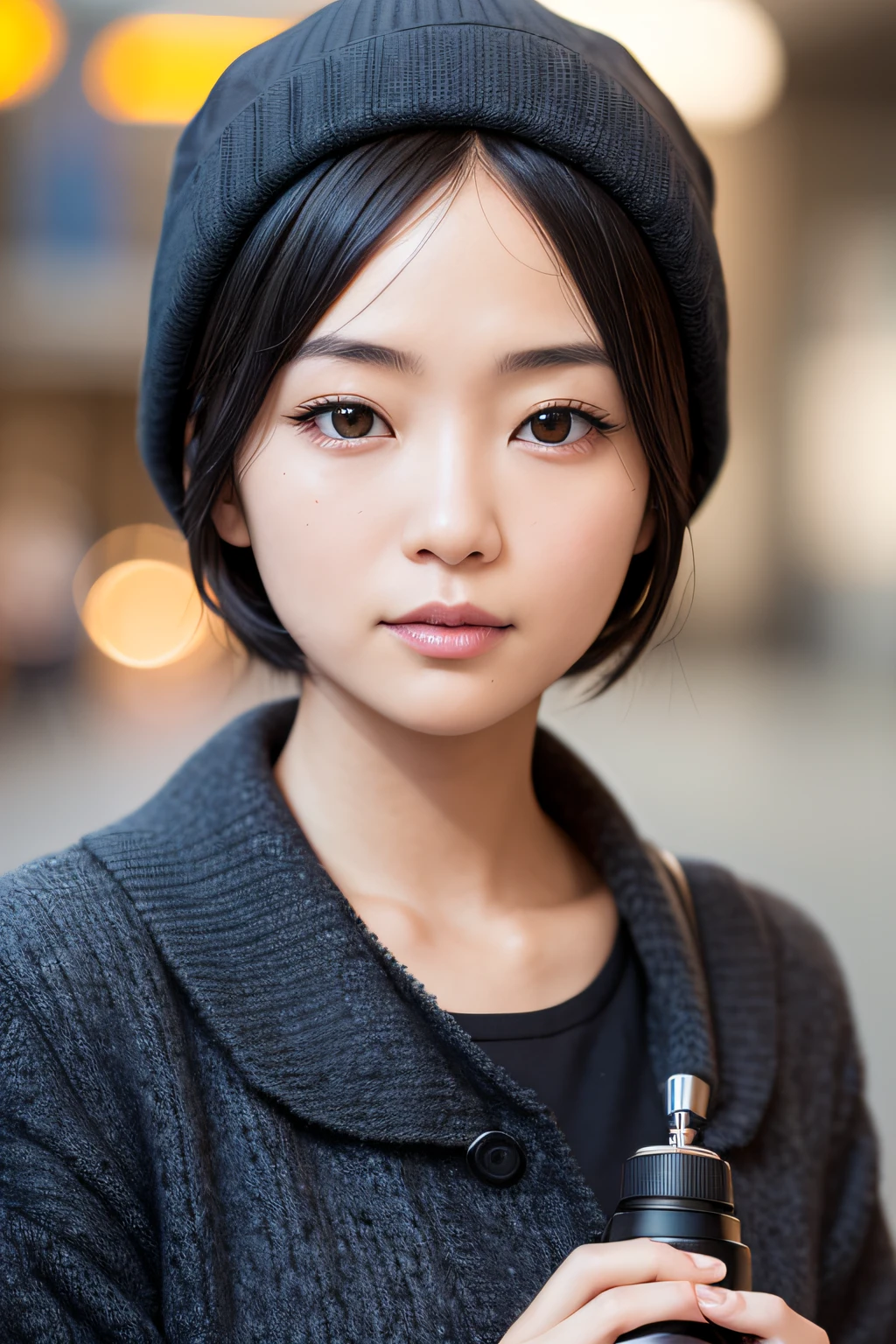 One beautiful Japanese woman holds an SLR camera in her hand, black hair, black eyes, short hair, knit cap, jacket, closed mouth, first-person view, close-up, f/1.2, 135mm, Sony FE GM, UHD, retina, masterpiece, ccurate, anatomically correct, textured skin, super detail, high details, high quality, award winning, best quality, highres, 1080P, HD, 4K, 8k