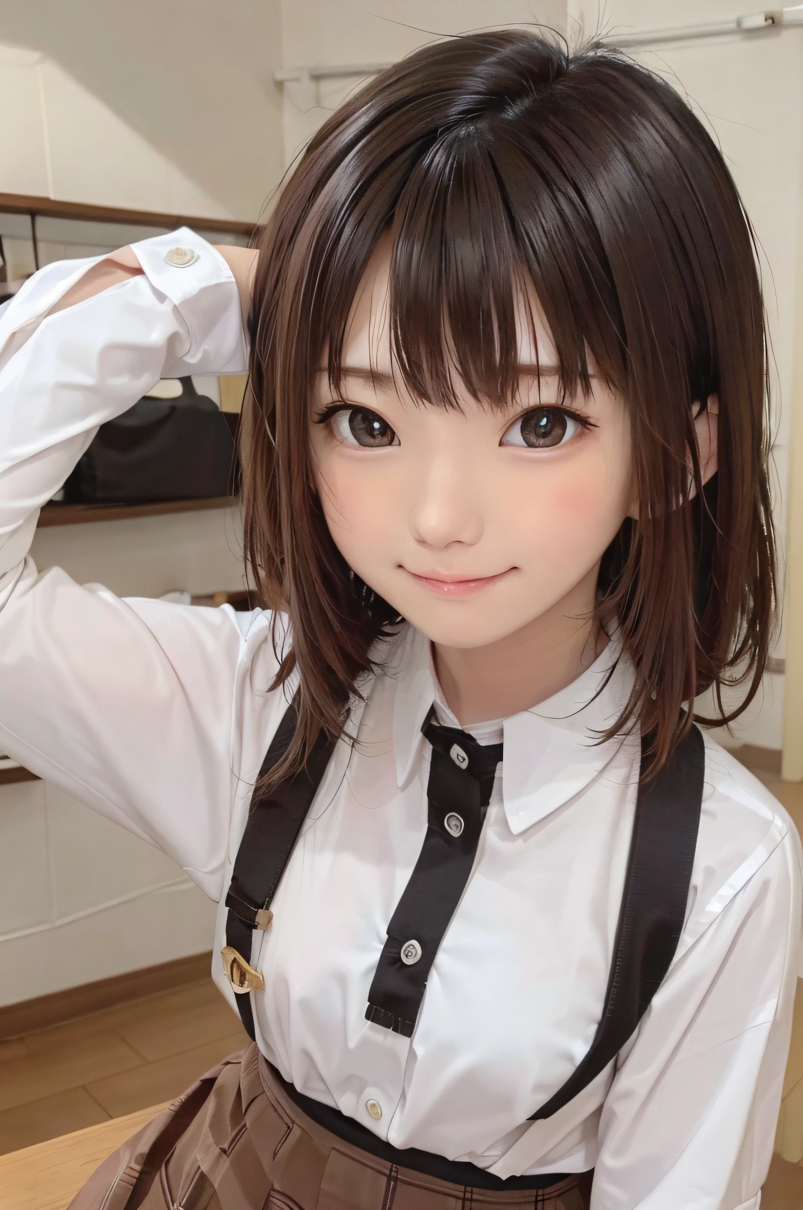 -yeld wo、soio、brown haired、beautidful eyes、real looking skin、A detailed eye、hi-school girl、(8K、masterpiece)、(reallistic、Photorealsitic)、top-quality、ighly detailed、The ultra-detailliert、Beautie、cute little、Korea person、a smile、Close-up portrait、Healthy face、schools、School uniform、Cardigan、plaid skirts