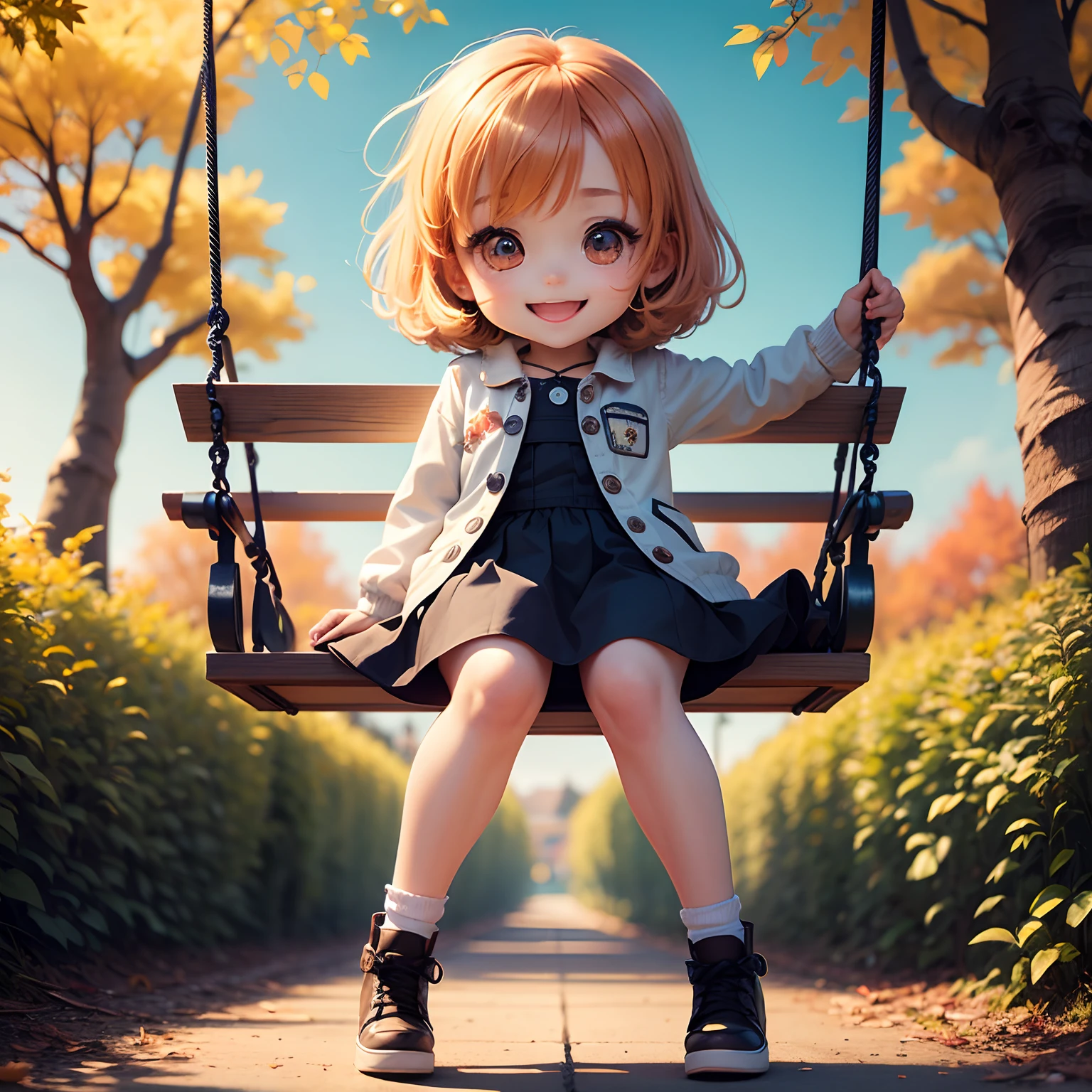 ​masterpiece、top-quality、(Chibi Chara:1.3)、Sit on a children's swing、(swing:1.1)Open your mouth and smile、Dynamism、autumn forest、Deliver to the sky、