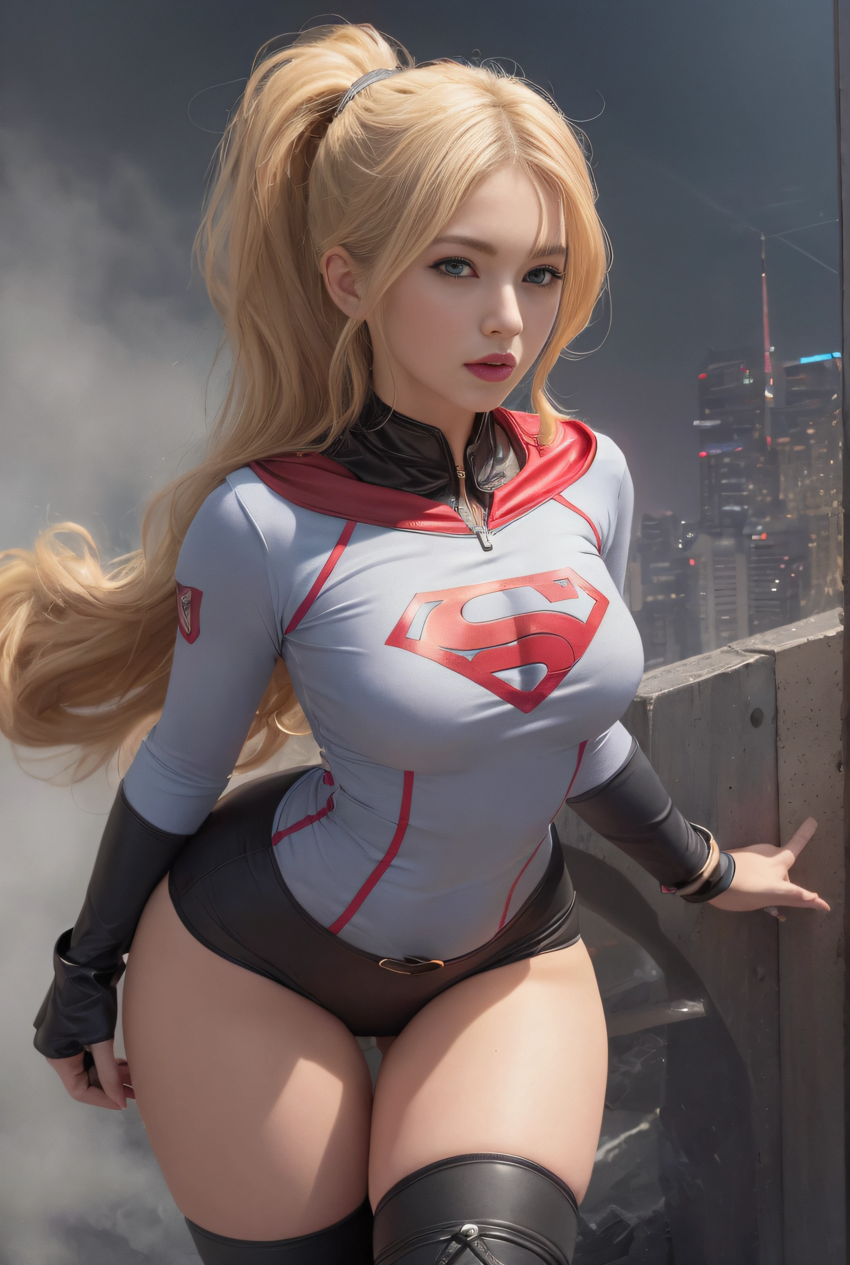 4k, realistic, charismatic, very detailed, there is a girl in the sky, dressed in a super girl costume, she is a super girl, superhero theme, blonde short hair, ponytail, 20 years, full body, (detail in the eyes), (detail in the face), incredibly beautiful, blue eyes, blush, makeup, red lipstick, miniskirt, (wide hips), (thick thighs), small breasts, dress,, seductive pose, (extreme hourglass figure), thin, svelte, white skirt, boots, tight t-shirt