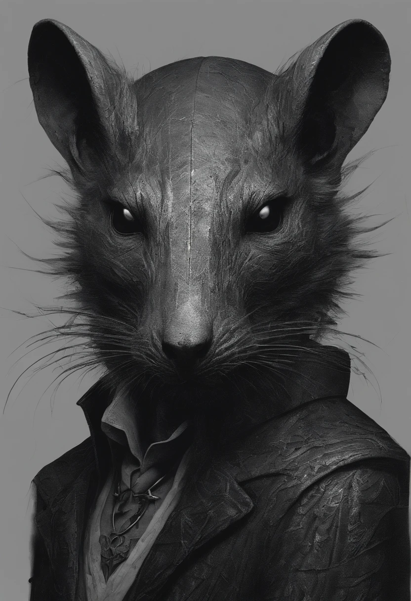 ah high, gaunt, broad-shouldered anthropomorphic rat (Furry). Black head and muzzle. Human eyes, steely gray and shine ominously. Black, hairlong, slicked back and braided into a pigtail. Wears dark, Stylistic, long coat. A sense of gloom and sinister presence is conveyed.