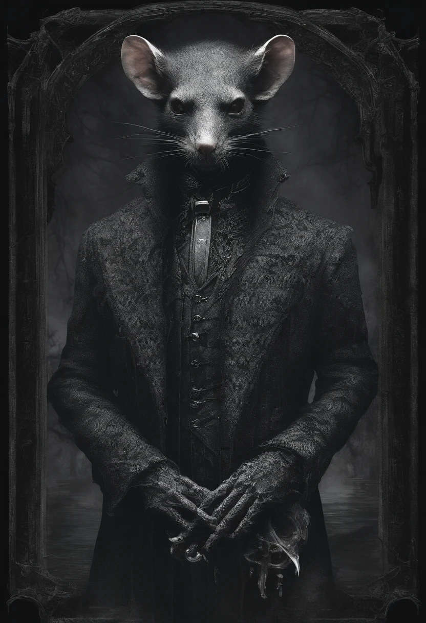 ah high, gaunt, broad-shouldered anthropomorphic rat (Furry). Black head and muzzle. Human eyes, steely gray and shine ominously. Black, hairlong, slicked back and braided into a pigtail. Wears dark, Stylistic, long coat. A sense of gloom and sinister presence is conveyed.