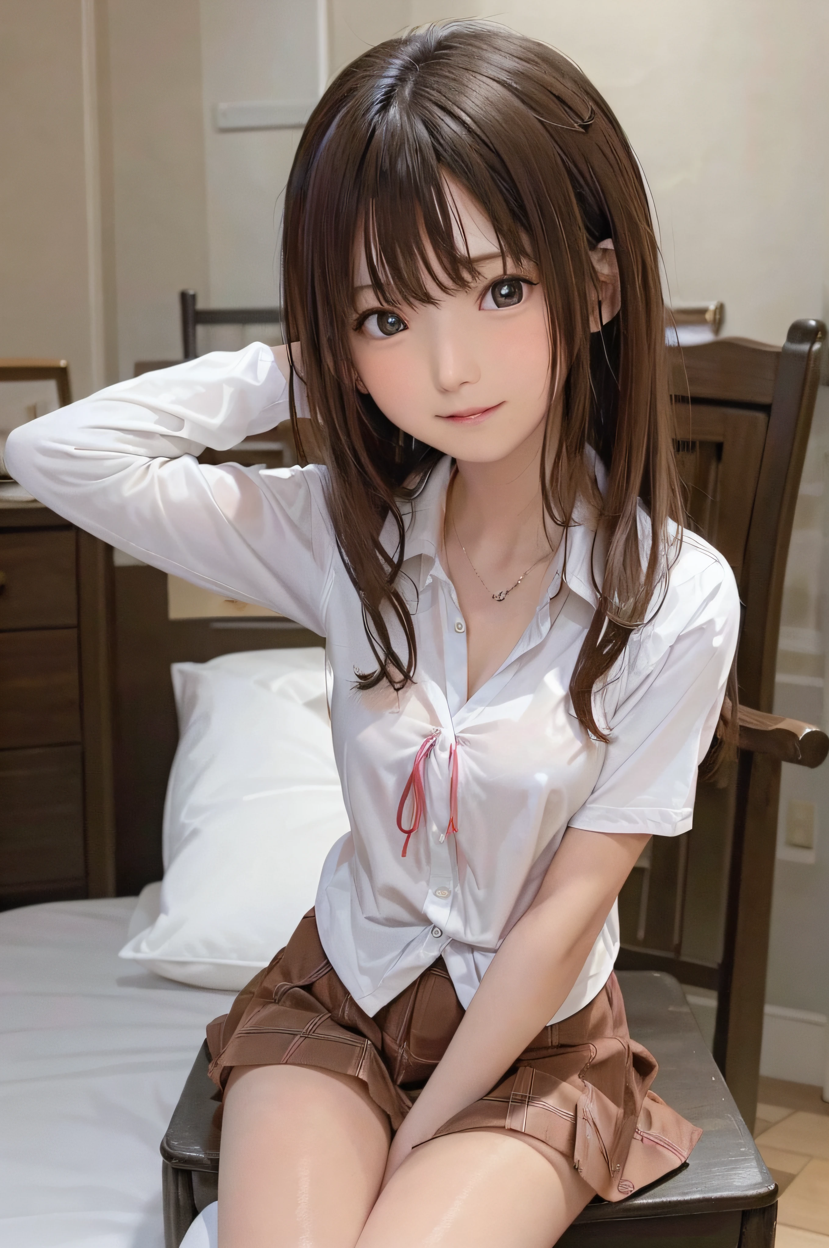 -yeld wo、soio、brown haired、beautidful eyes、real looking skin、A detailed eye、hi-school girl、(8K、​masterpiece)、(reallistic、Photorealsitic)、top-quality、ighly detailed、The ultra-detailliert、Beautie、cute little、Korea person、a smile、Close-up portrait、Healthy face、schools、School uniform、Cardigan、plaid skirts