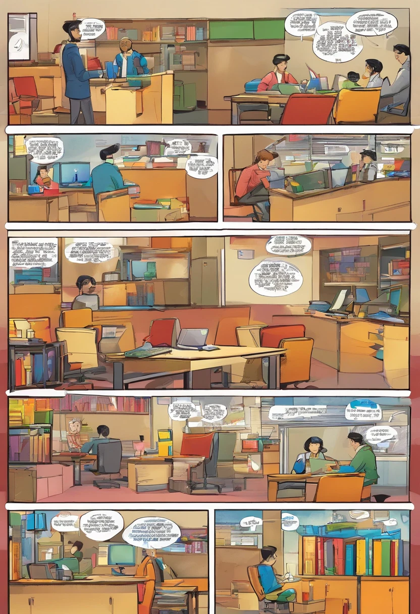 Quadrinhos americanos, The comic is presented in several irregular panels with colors. office worker，at office，brincando com o celular，sentado na cadeira do computador，Japanese boys are thin，Camiseta，pessoa solo，Snickering，Sobremesa
