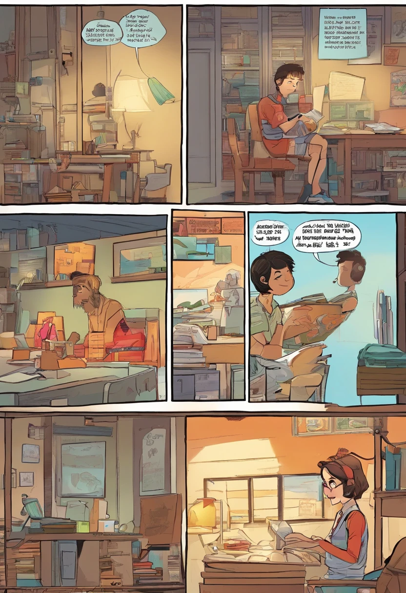 Quadrinhos americanos, The comic is presented in several irregular panels with colors. office worker，at office，brincando com o celular，sentado na cadeira do computador，Japanese boys are thin，Camiseta，pessoa solo，Snickering，Sobremesa