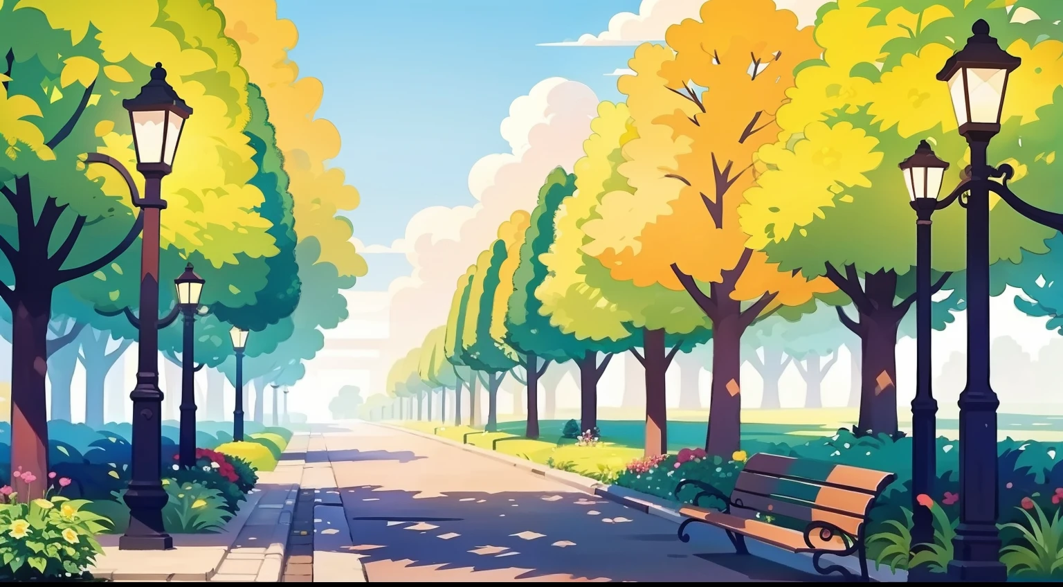 Beautiful park landscape painting、Natural Color、hightquality、masutepiece、Benches、street lamp