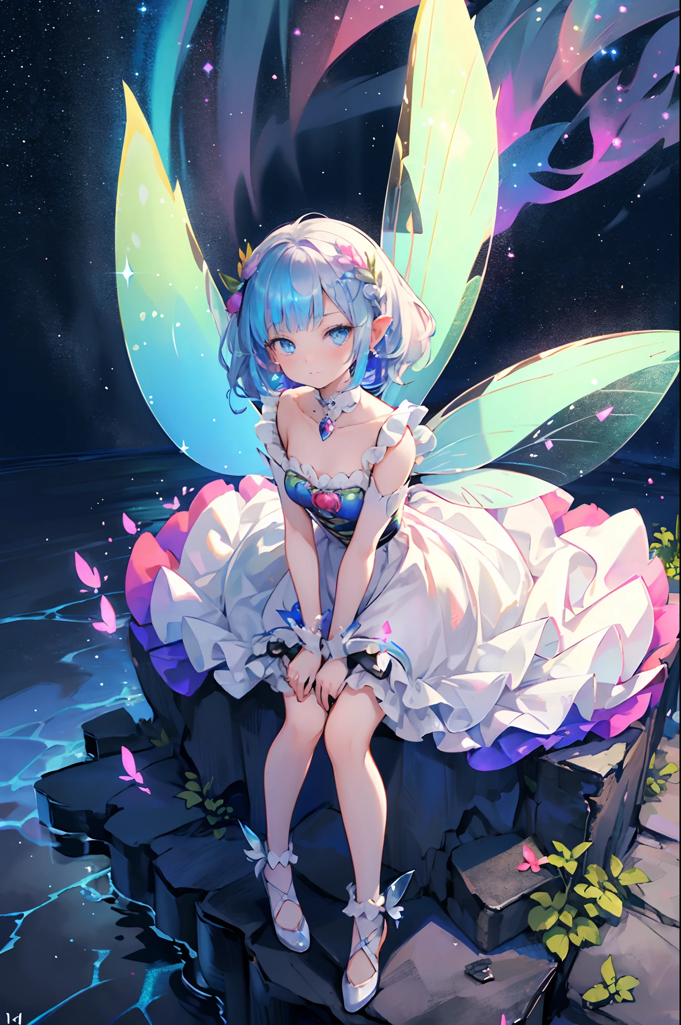 (Best quality), (masterpiece:1.3), Fantastic Magic World, Psychedelic clouds, Iridescent clouds, aurora, A girl, high-waisted dress, costume-centered, deep blue eyes, (Wearing fairy wings of Iridescent effect:1.5), Full body, aerial turn, leaning forward