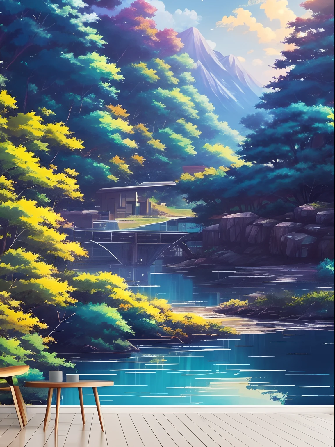 There is a painting of a typewriter on a table overlooking the mountain, detailed scenery—width 672, arte de fundo do anime, paper awesome wallpaper, Anime Art Wallpaper 8K, visual da chave de fundo do anime, 4 k manga wallpaper, Anime Art Wallpaper 4K, Anime Art Wallpaper 4K, pintura detalhada 4K, anime scenery, studio glibly makoto shinkai