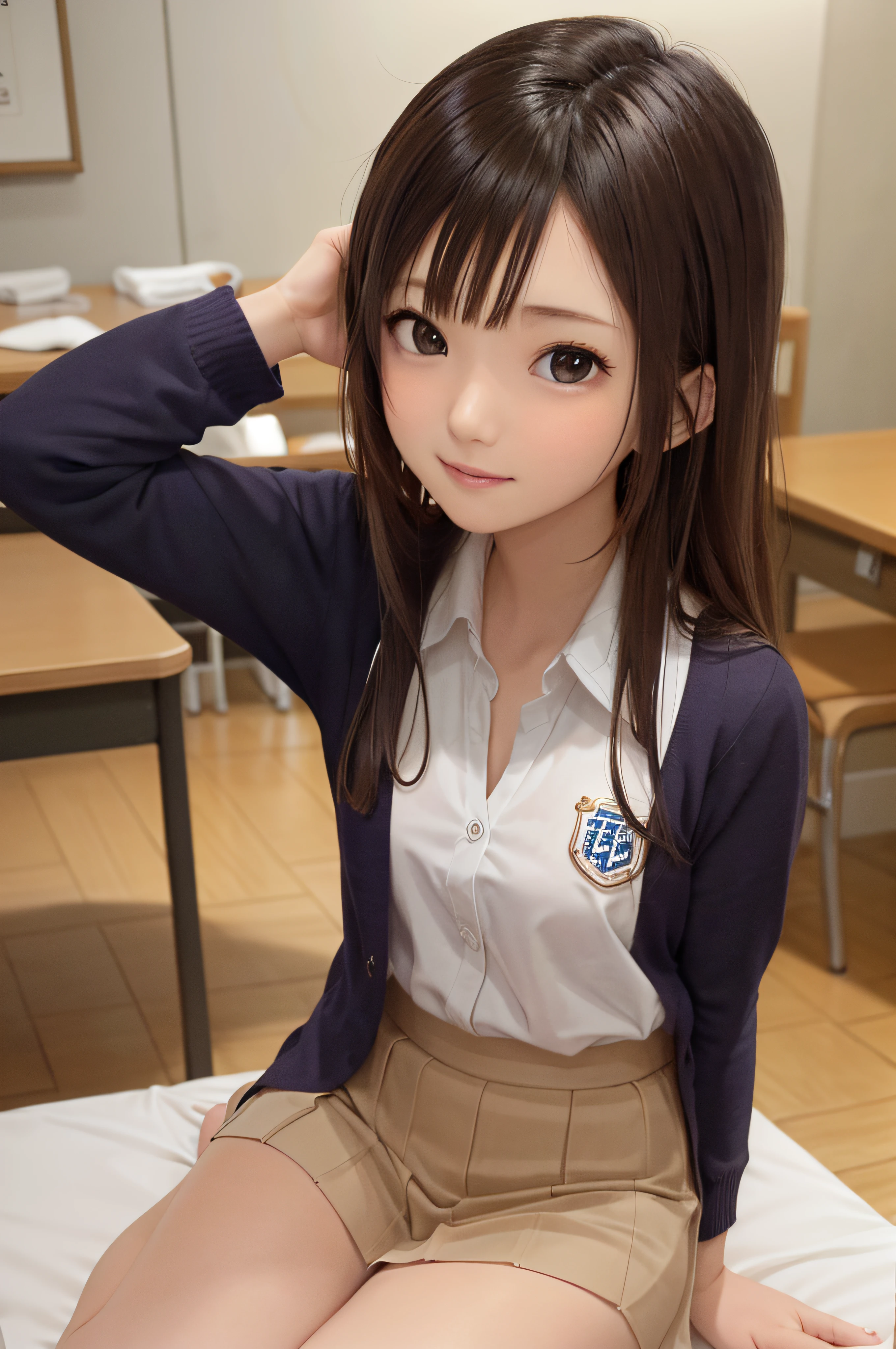 -yeld wo、soio、brown haired、beautidful eyes、real looking skin、A detailed eye、hi-school girl、(8K、masterpiece)、(reallistic、Photorealsitic)、top-quality、ighly detailed、The ultra-detailliert、Beautie、cute little、Korea person、a smile、Close-up portrait、Healthy face、schools、School uniform、Cardigan、plaid skirts