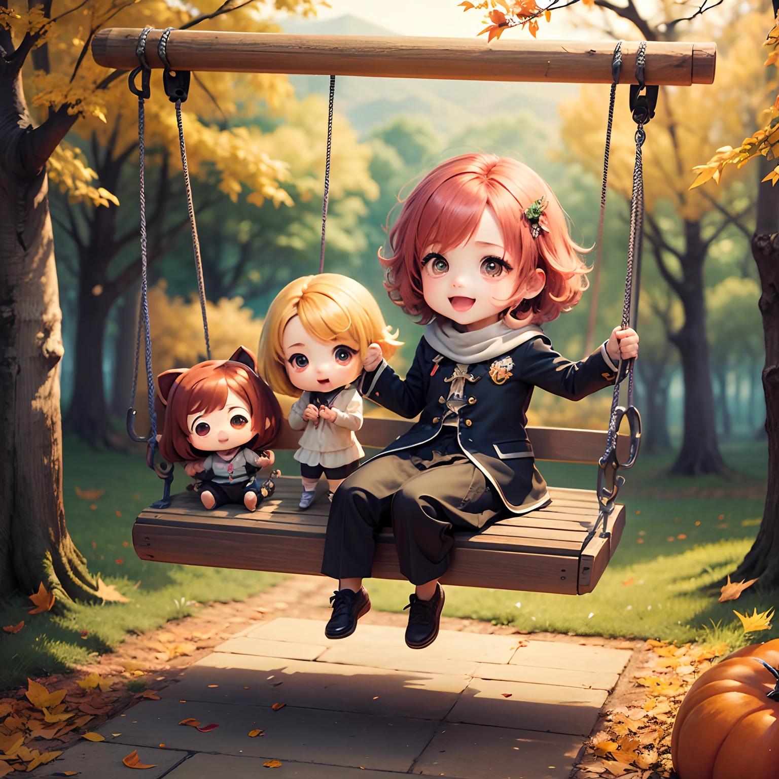 ​masterpiece、top-quality、(Chibi Chara:1.3)、Swing sitting on a children's swing、(swing:1.1)Open your mouth and smile、Dynamism、autumn forest、Deliver to the sky、