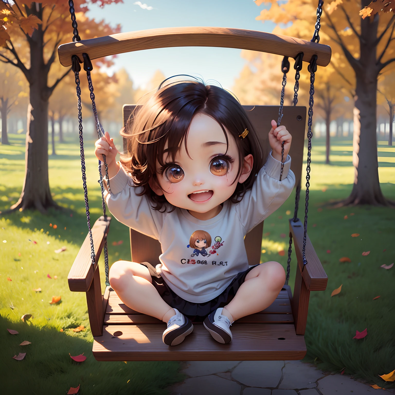 masterpiece、top-quality、(Chibi Chara:1.3)、Swing sitting on a children's swing、(swing:1.1)Open your mouth and smile、Dynamism、autumn forest、Deliver to the sky、