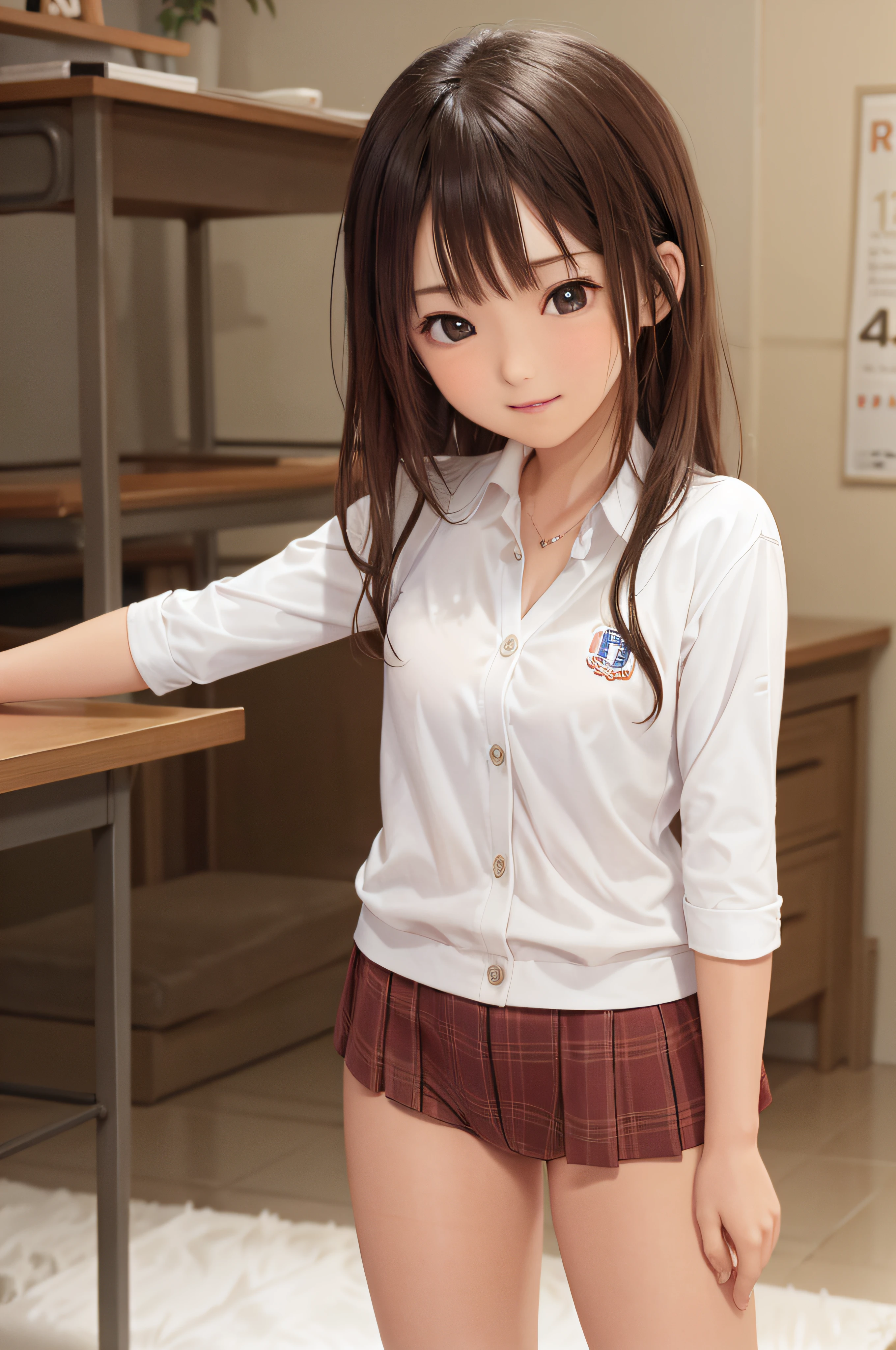 -yeld wo、soio、brown haired、beautidful eyes、real looking skin、A detailed eye、hi-school girl、(8K、masterpiece)、(reallistic、Photorealsitic)、top-quality、ighly detailed、The ultra-detailliert、Beautie、cute little、Korea person、a smile、Close-up portrait、Healthy face、schools、School uniform、Cardigan、plaid skirts
