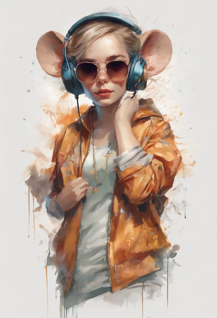 Perfect centering, Cute mouse, Wear a student team jacket, Wearing sunglasses, Wearing headphones, cheerfulness, Standing position, Abstract beauty, Centered, Looking at the camera, Facing the camera, nearing perfection, Dynamic, Highly detailed, smooth, Sharp focus, 8K, high definition resolution, illustration, Art by Carne Griffiths and Wadim Kashin, White background