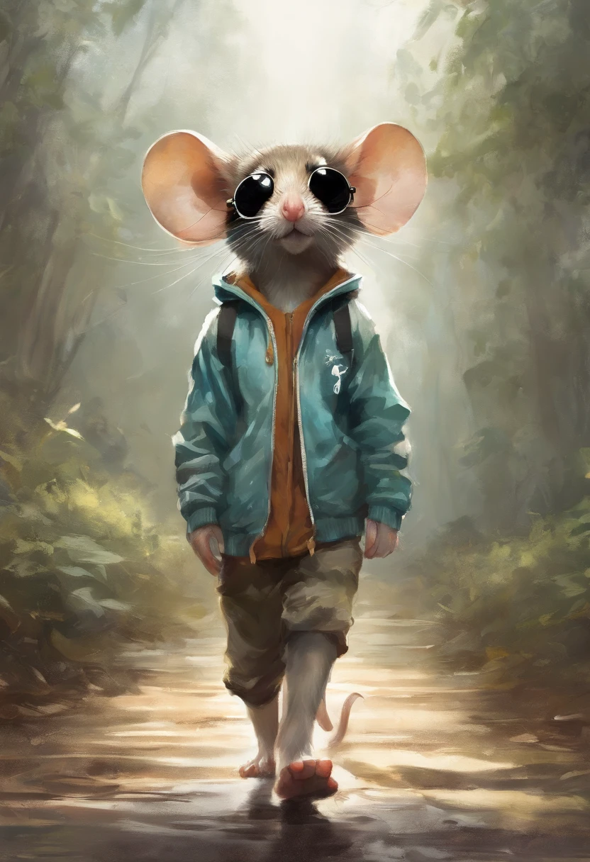 Perfect centering, Cute mouse, Wear a student team jacket, Wearing sunglasses, Wearing headphones, cheerfulness, Standing position, Abstract beauty, Centered, Looking at the camera, Facing the camera, nearing perfection, Dynamic, Highly detailed, smooth, Sharp focus, 8K, high definition resolution, illustration, Art by Carne Griffiths and Wadim Kashin, White background