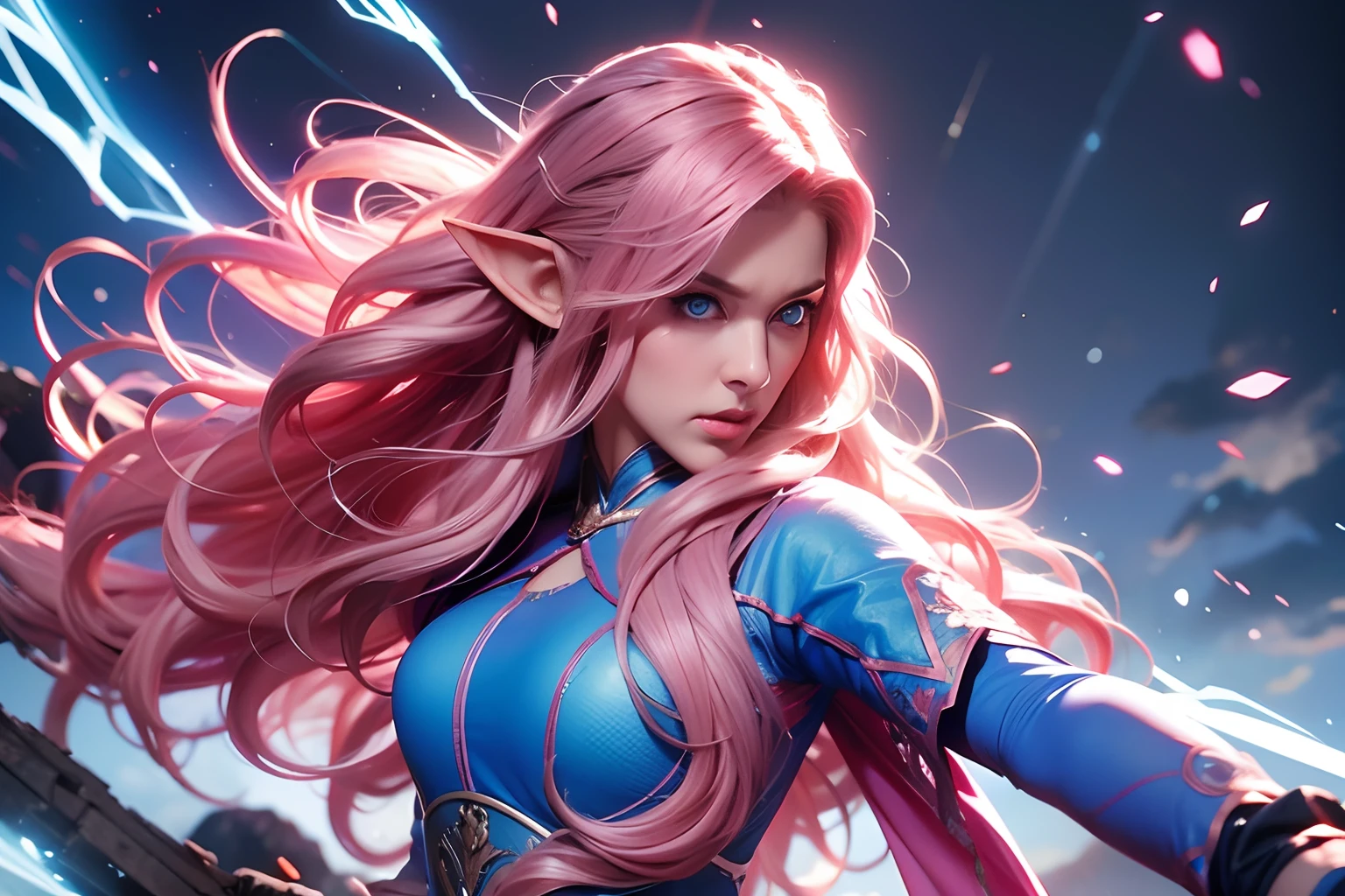 a woman, long curly hair, pink hair, blue eyes, elf, combat stance, fight, magic, Combat, light blue eyes