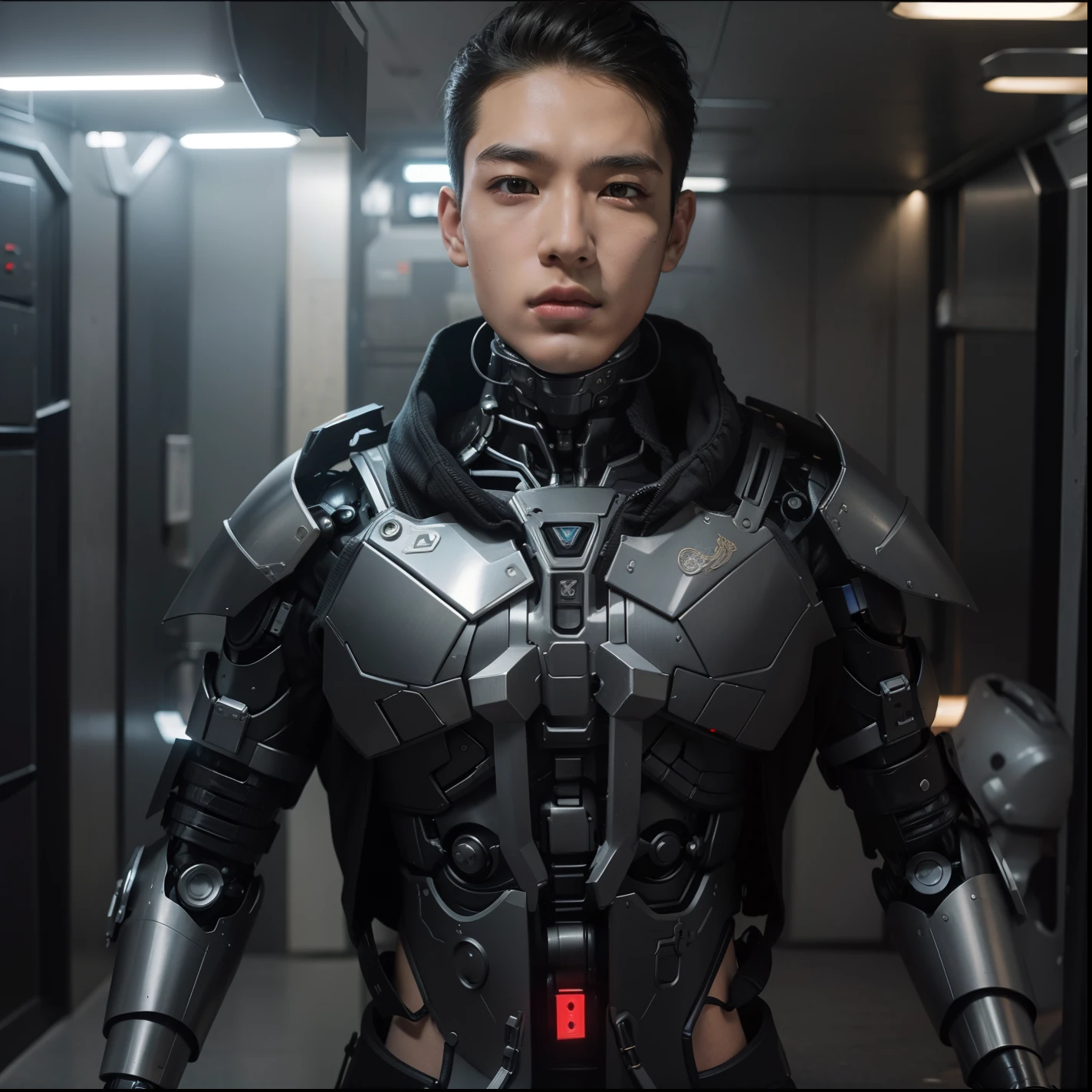 20 Years old Male wearing a black Samurai Robot armor, Full Metal body, ,Male, Iron garments:1.5),(Metallic body, cybernetic neck implant, portrait of a futuristic robot armor:1.3)(dystopian sci-fi character, sci - fi character, portrait of a cyberpunk cyborg:1.2)(8K,Extreme detail,Hair in extreme detail,Ultra photo realsisim,cinmatic lighting:1.1)