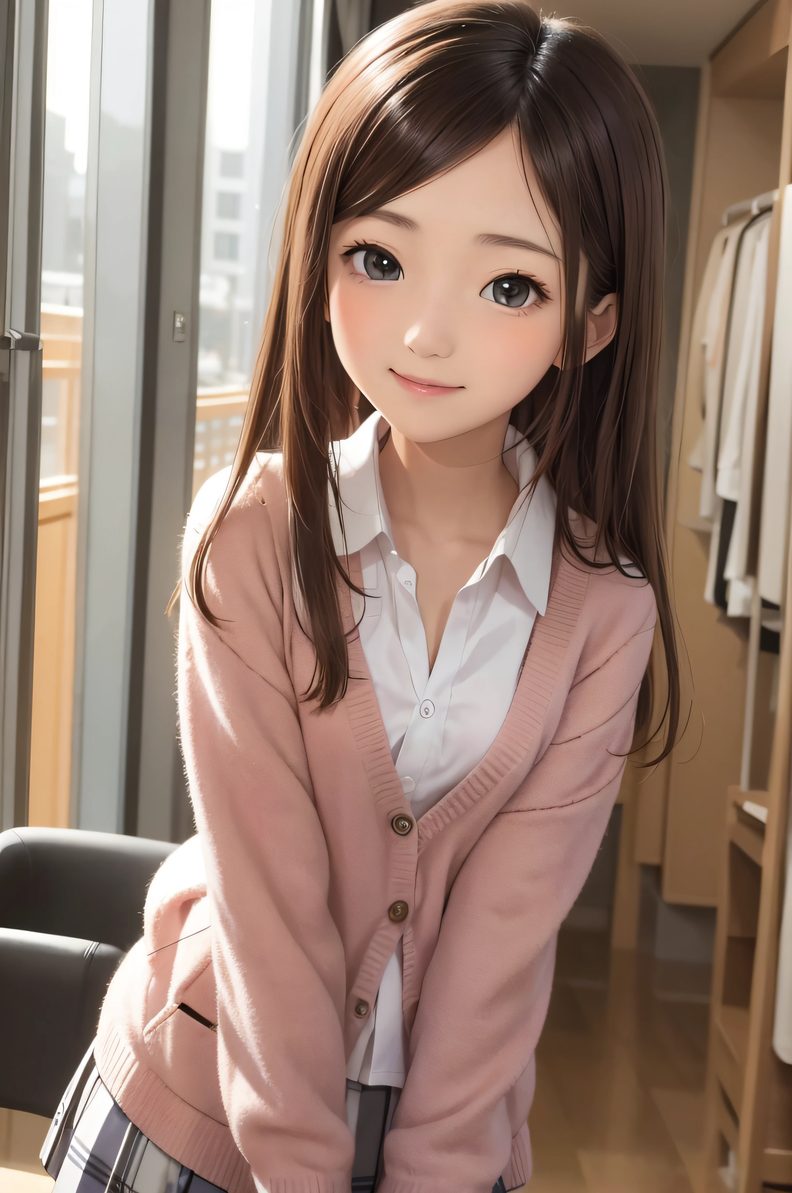 A beautiful girl with straight hair smiling, wearing a pink dress