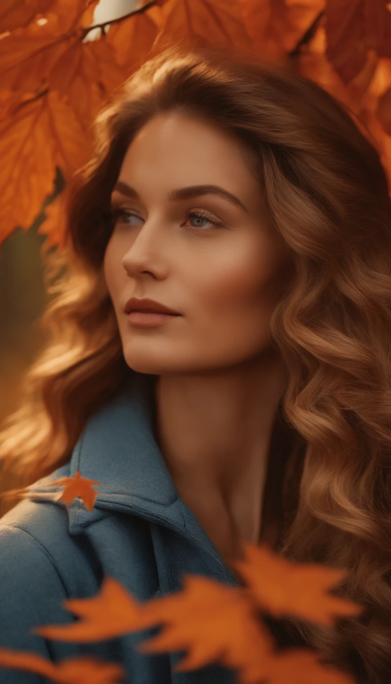 Highly detailed masterpiece 8K high-resolution content,Autumn alpine valley,Flaming red maple,eventide,Scenic beauty,Autumn leaves float in the air,There are sparkling particles fluttering,Warm light background,1 girl walking on the road,Surrealist portraits of women by David Hockney and Alphonse Mucha,hair glowing,s the perfect face,Melancholy eyes,brunette color hair,long whitr hair,Wear a jacket,Lazy movements,warm and comfortable,With a little cool autumn light,warm color:High saturation,Bright composition。。。,Top-down composition ,Media components,Realistic photo style