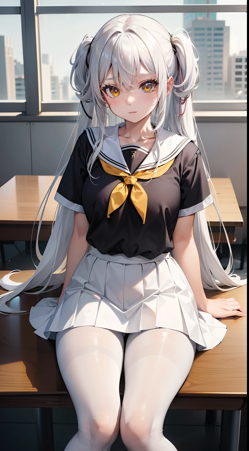 1 Anime Girl with Long White Hair Is Yellow Eye, Wearing a Skirt is School Clothes, Corada, em uma sala de aula, Sentada na Mesa, de perna Aberta, Mostrando Cueca Branca, is wearing white pantyhose, white hair is yellow eye, is flushed, Wearing a Skirt is School Clothes, Corada, Sentada na mesa, da sala de Aula, has his legs spread, usando cueca branca, ((Corpo Perfeito Super Detalhado))